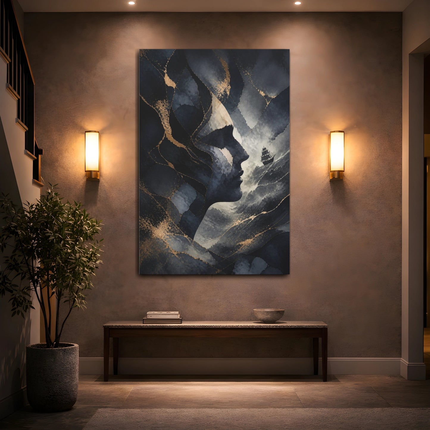 Mockup 2. Abstract Midnight Profile Ship shown as canvas print