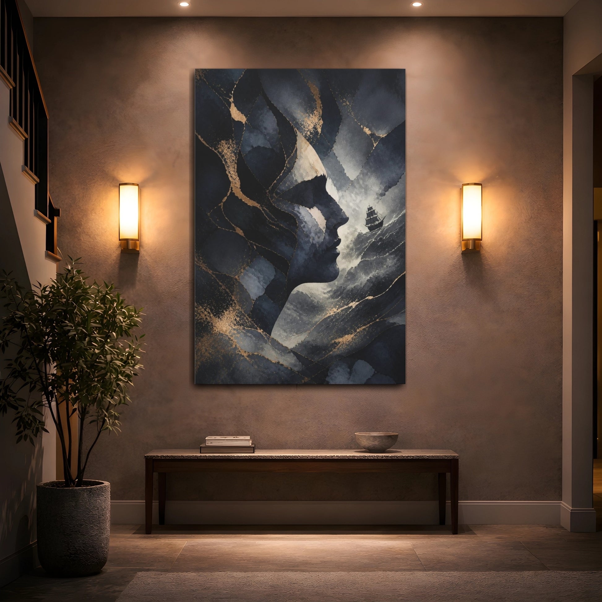 Mockup 2. Abstract Midnight Profile Ship shown as canvas print