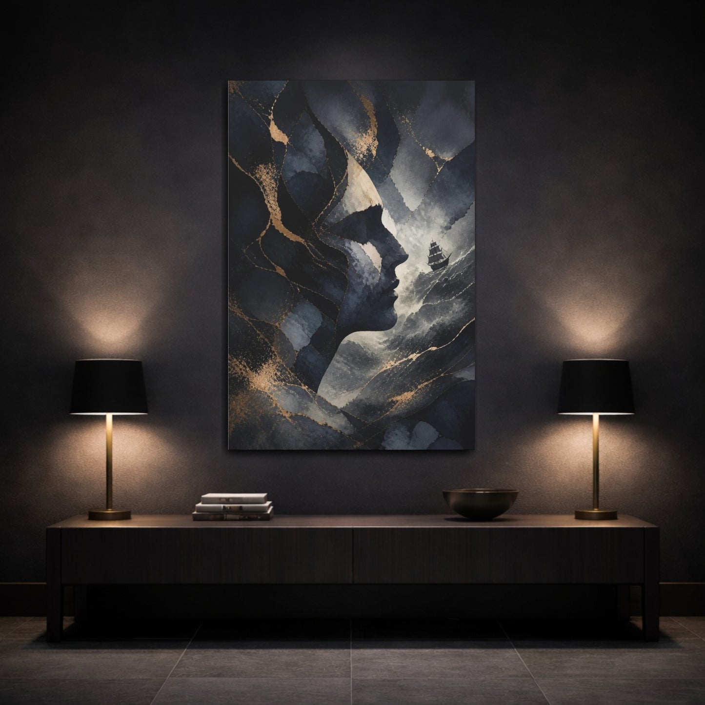 Mockup 3. Abstract Midnight Profile Ship shown as canvas print