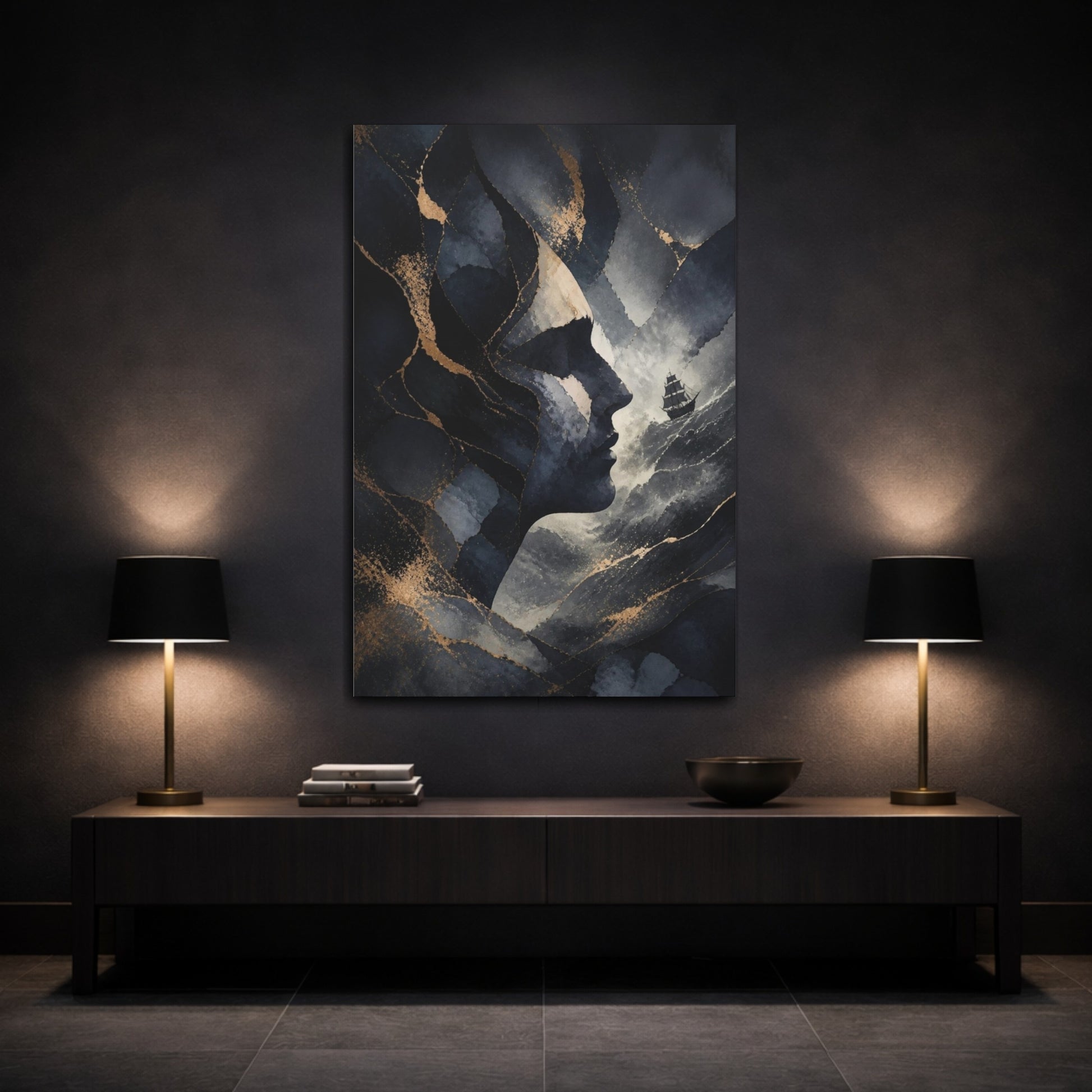 Mockup 3. Abstract Midnight Profile Ship shown as canvas print