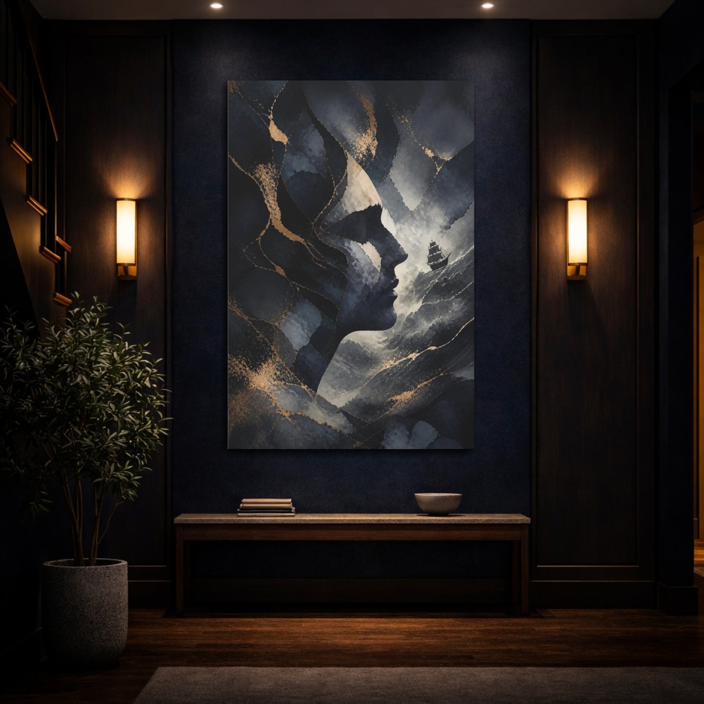 Mockup 4. Abstract Midnight Profile Ship shown as canvas print