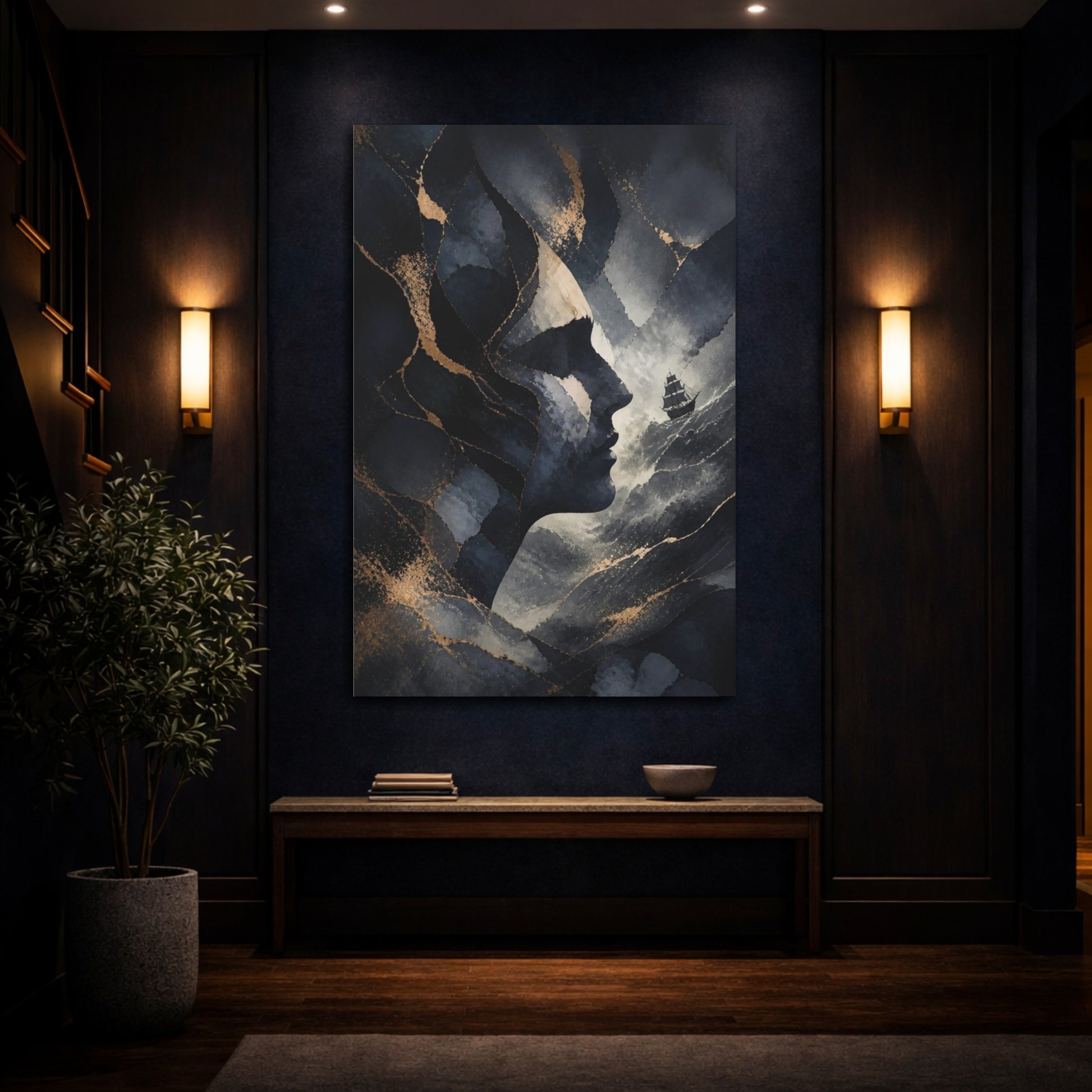 Mockup 4. Abstract Midnight Profile Ship shown as canvas print