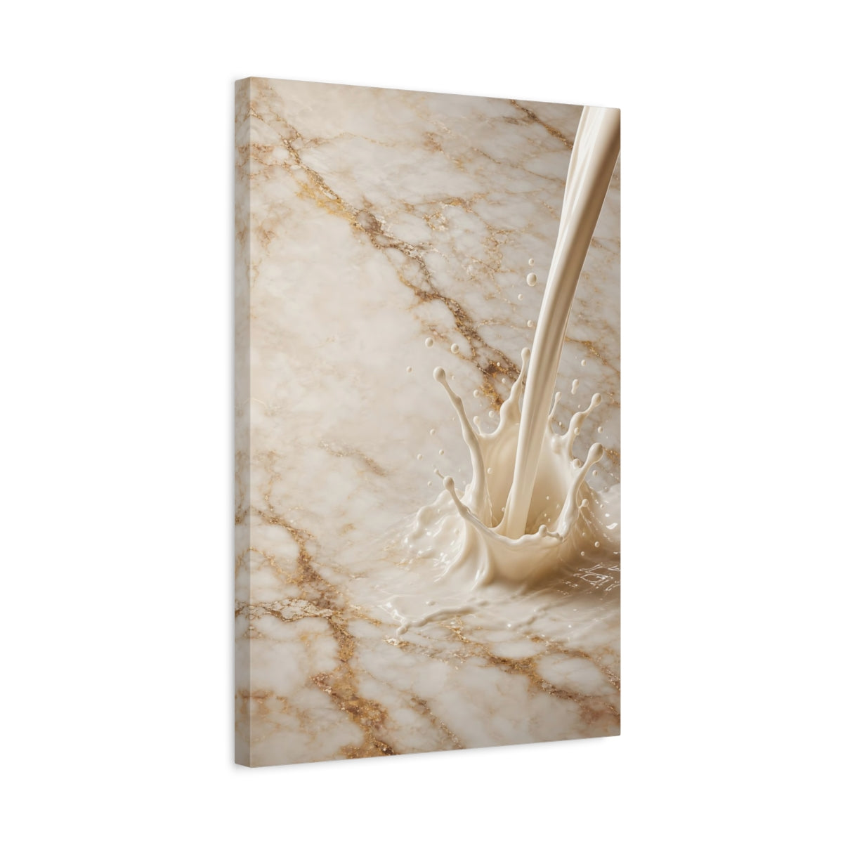 Side Mockup 3. Abstract Milk Splash Cream And Gold shown as stretched canvas wall art