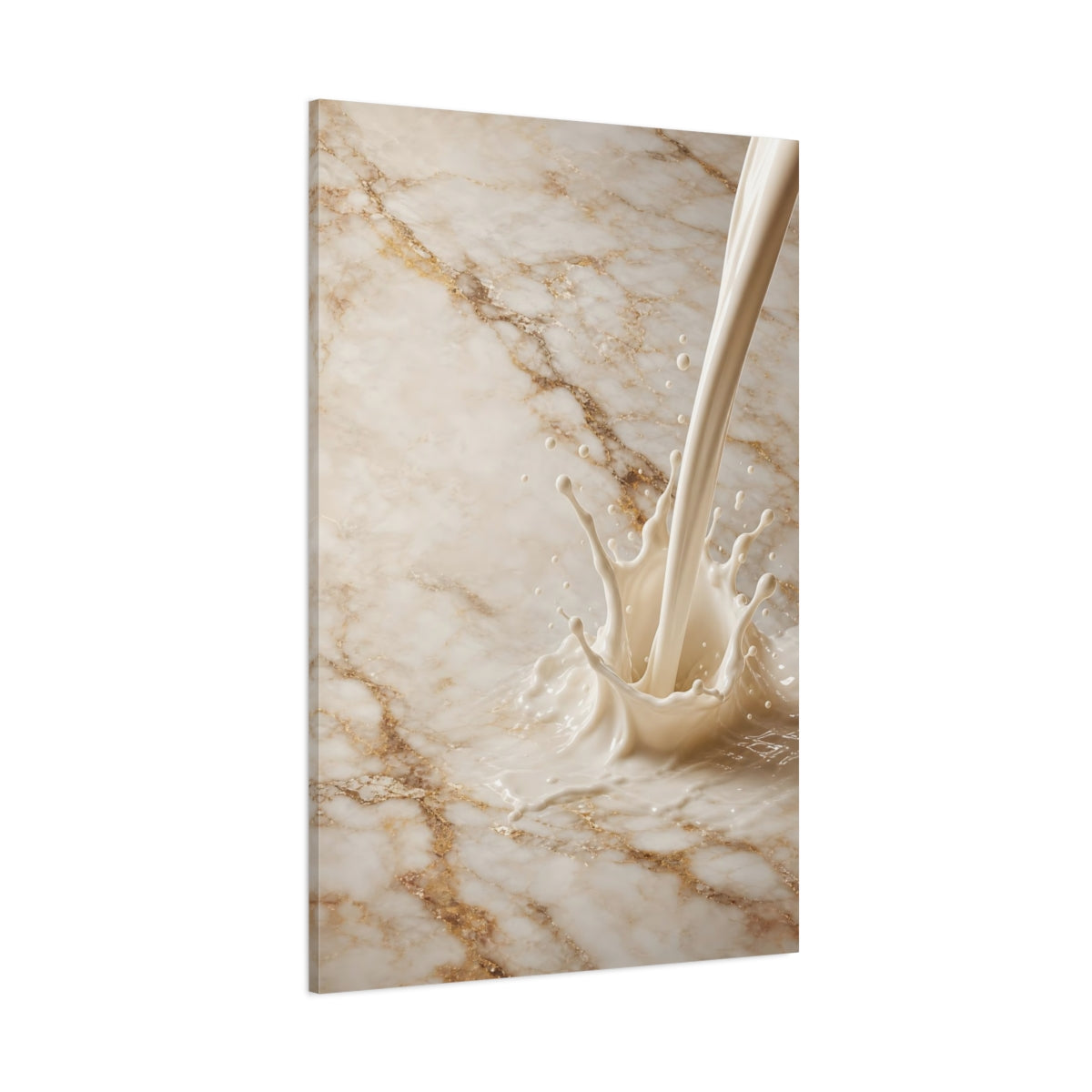 Side Mockup 1. Abstract Milk Splash Cream And Gold shown as stretched canvas wall art