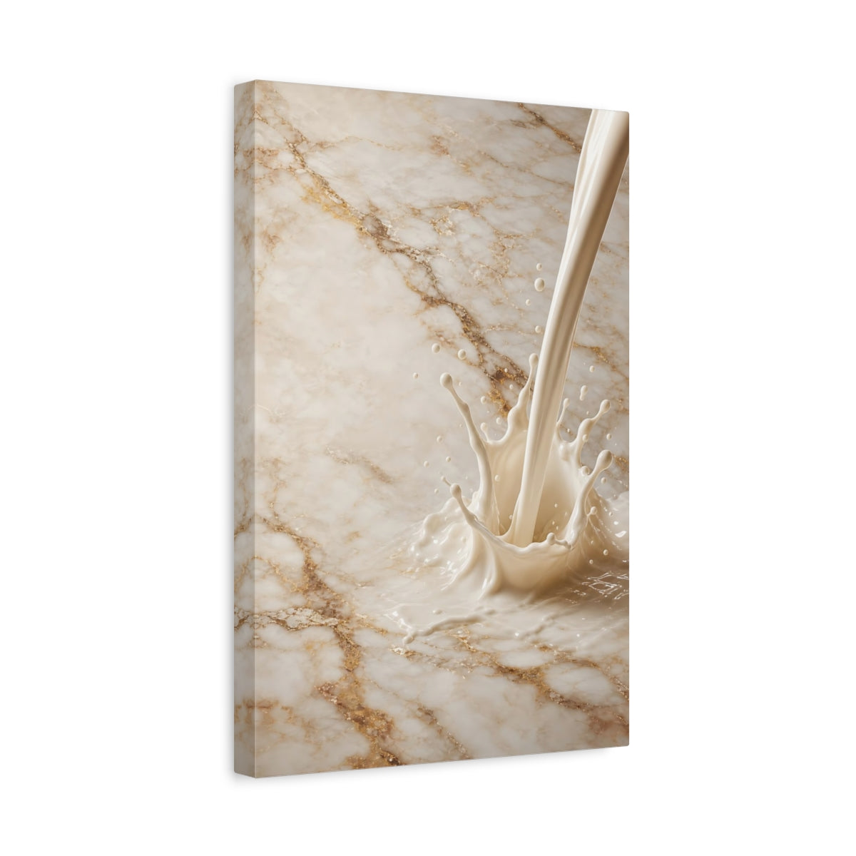 Side Mockup 4. Abstract Milk Splash Cream And Gold shown as stretched canvas wall art