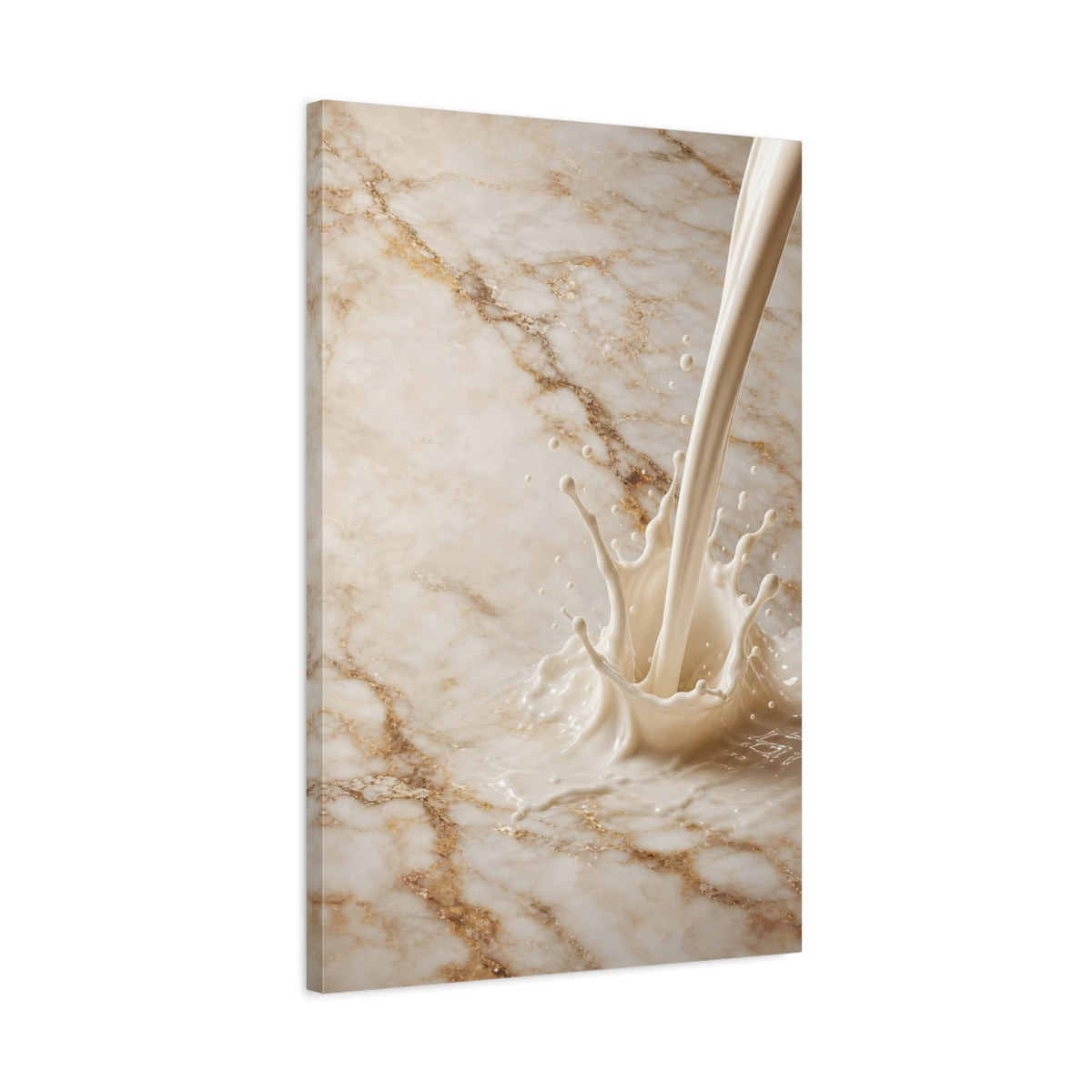 Side Mockup 2. Abstract Milk Splash Cream And Gold shown as stretched canvas wall art
