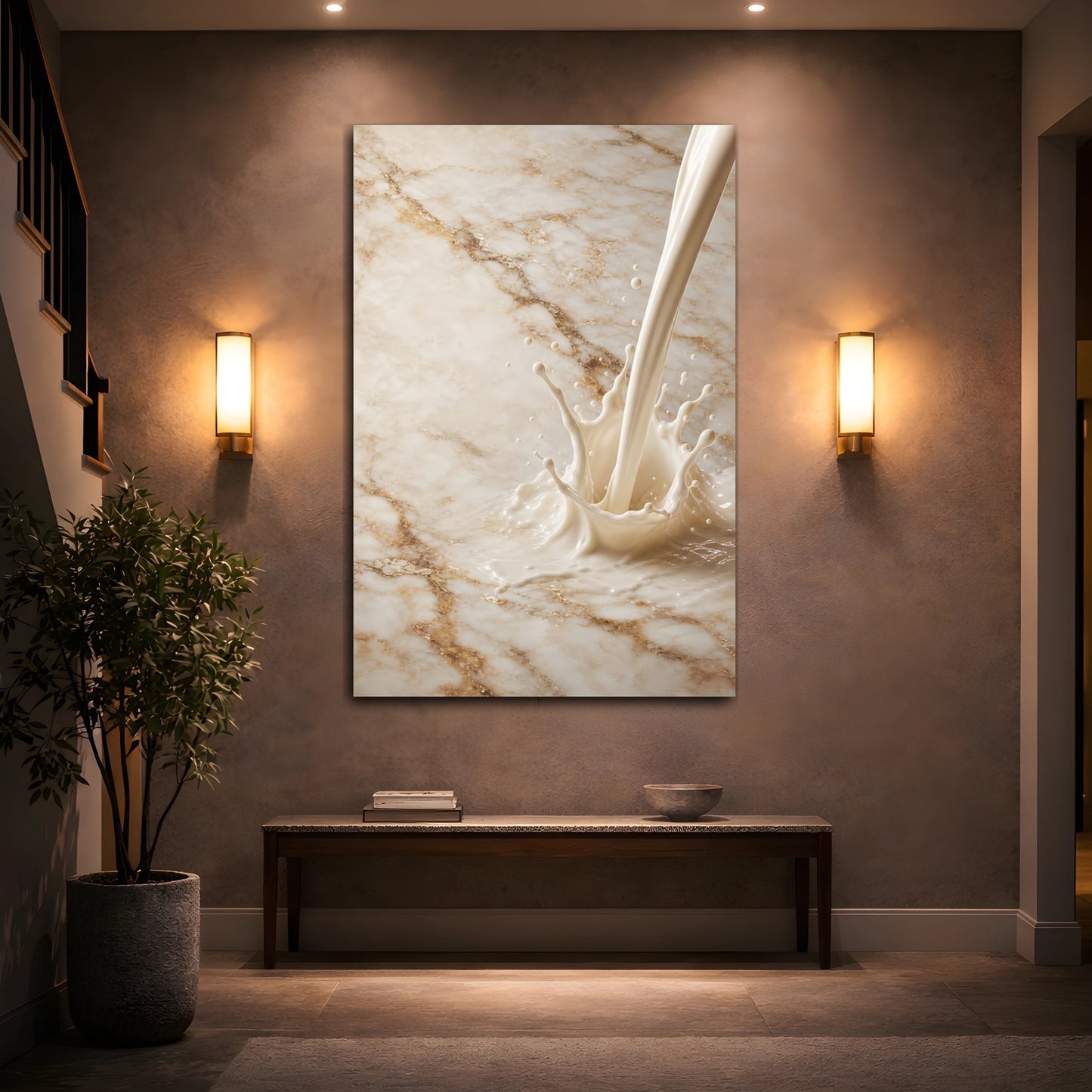 Mockup 2. Abstract Milk Splash Cream And Gold shown as stretched canvas wall art