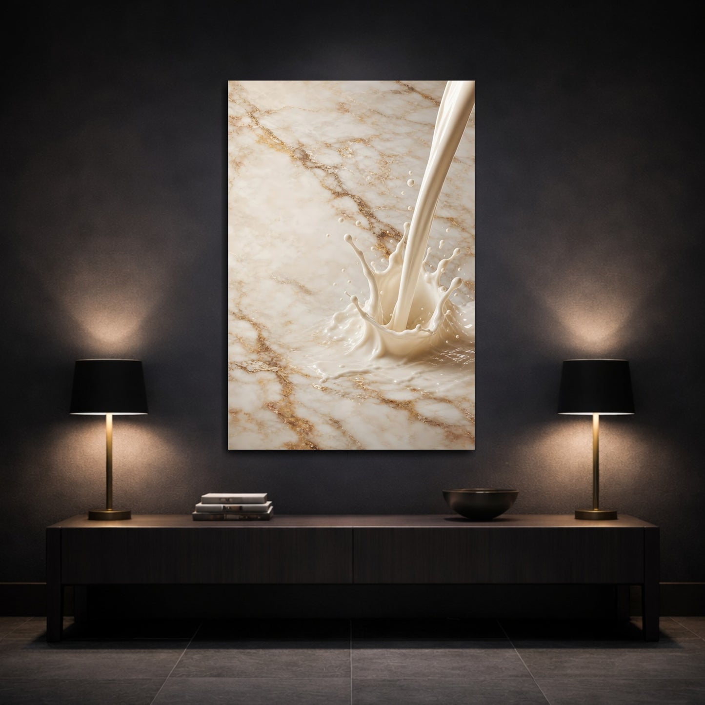 Mockup 3. Abstract Milk Splash Cream And Gold shown as stretched canvas wall art