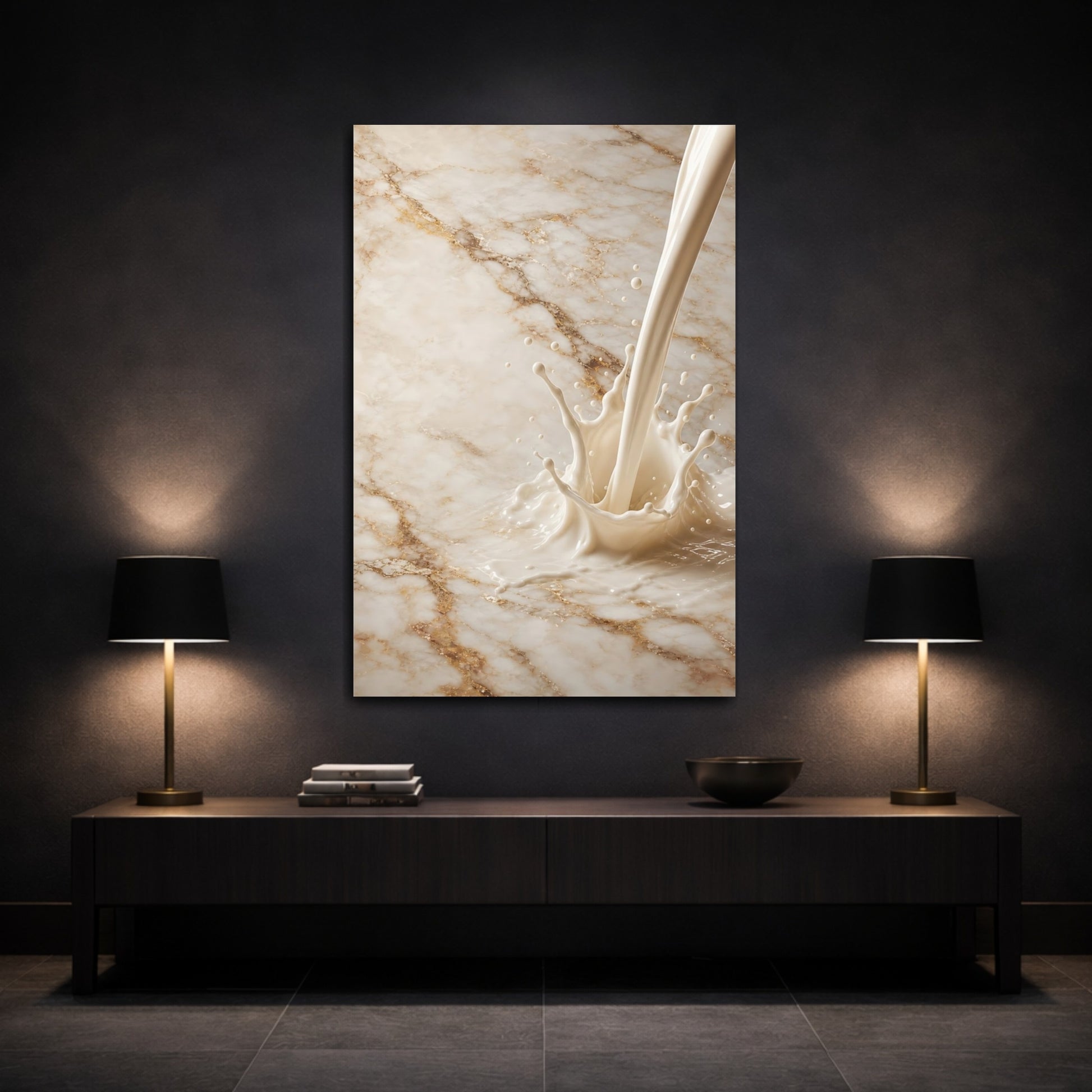 Mockup 3. Abstract Milk Splash Cream And Gold shown as stretched canvas wall art