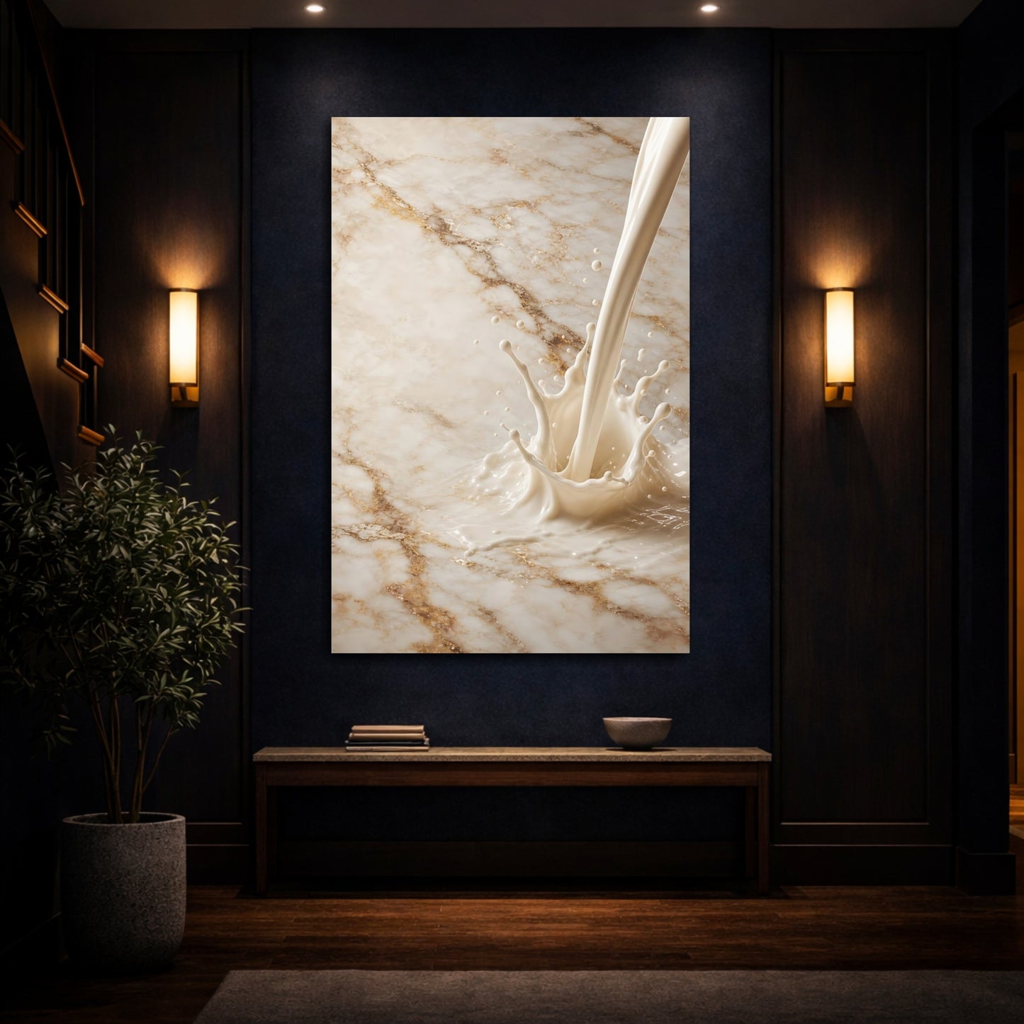 Mockup 4. Abstract Milk Splash Cream And Gold shown as stretched canvas wall art