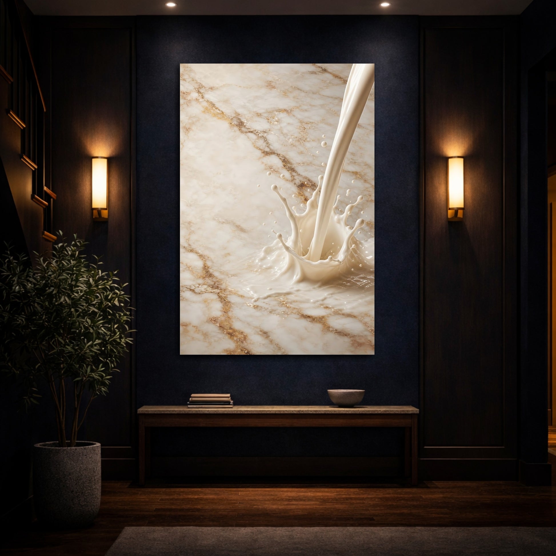 Mockup 4. Abstract Milk Splash Cream And Gold shown as stretched canvas wall art