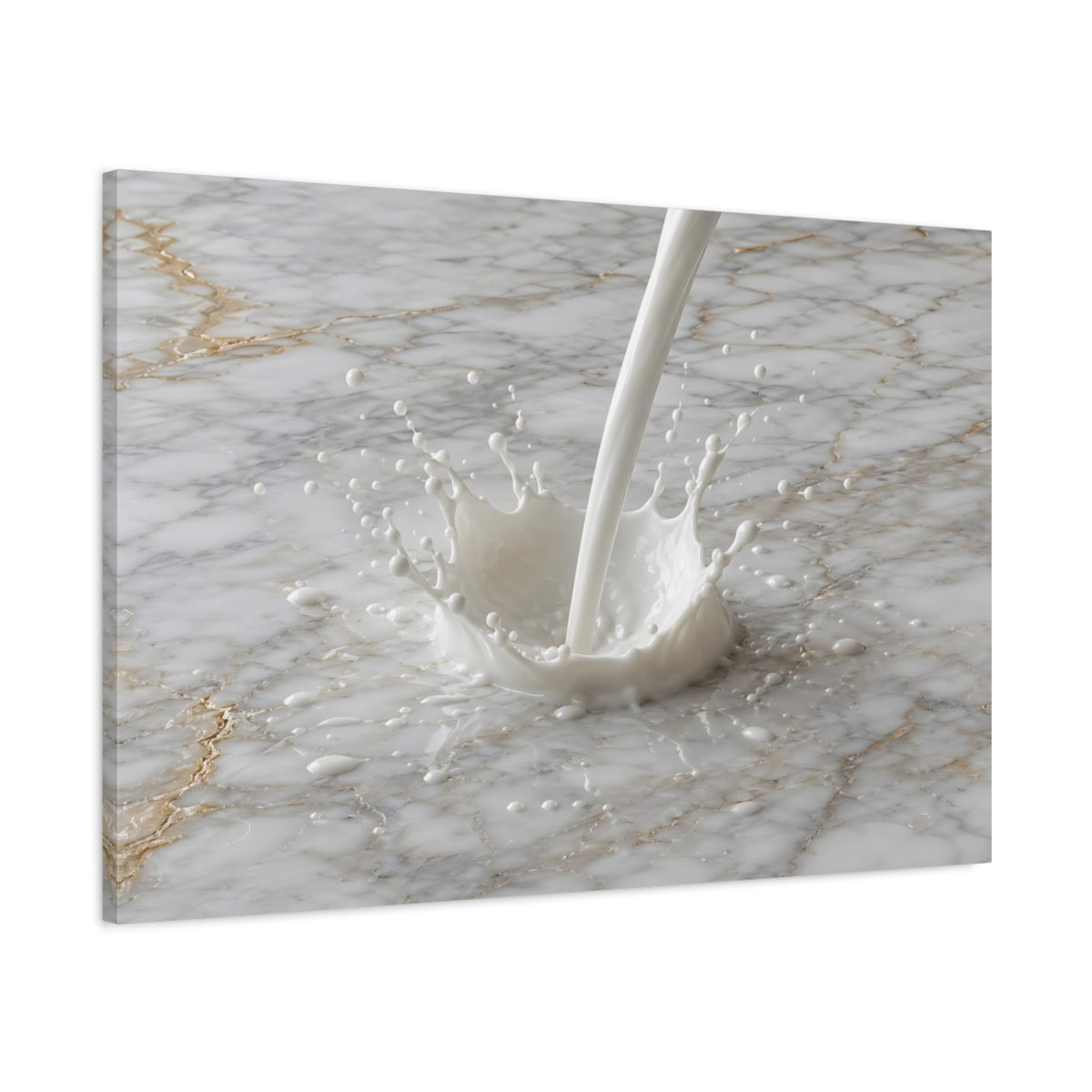 Main Mockup. Abstract Milk Splash White And Gold shown as stretched canvas wall art