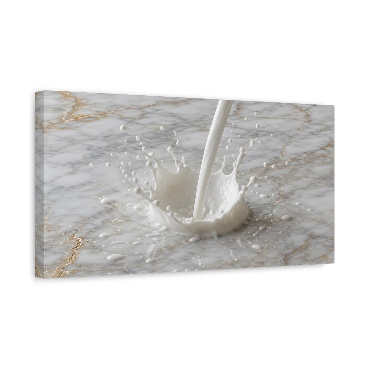 Side Mockup 3. Abstract Milk Splash White And Gold shown as stretched canvas wall art