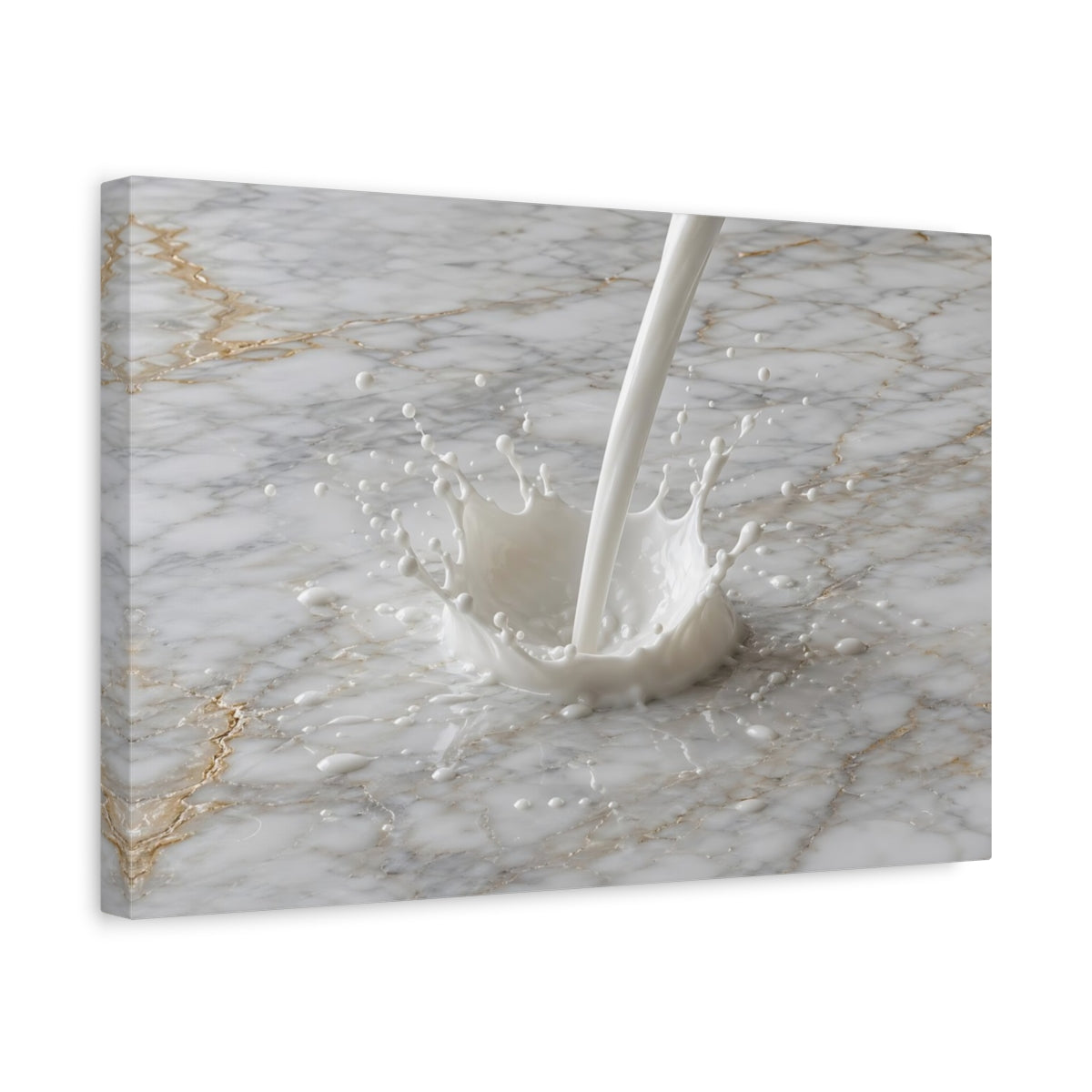 Side Mockup 4. Abstract Milk Splash White And Gold shown as stretched canvas wall art