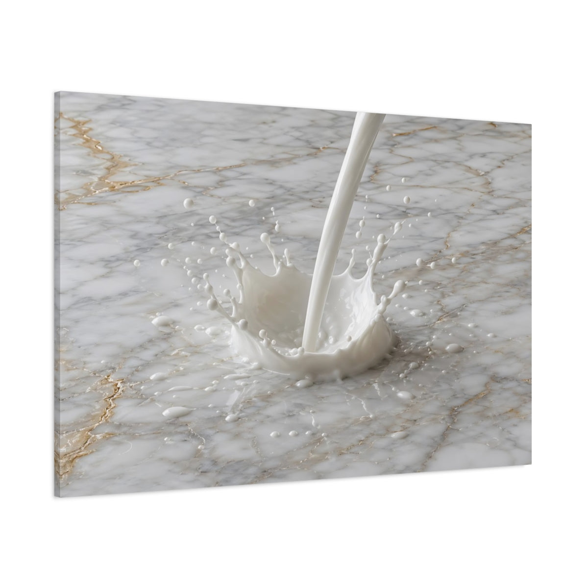 Side Mockup 1. Abstract Milk Splash White And Gold shown as stretched canvas wall art