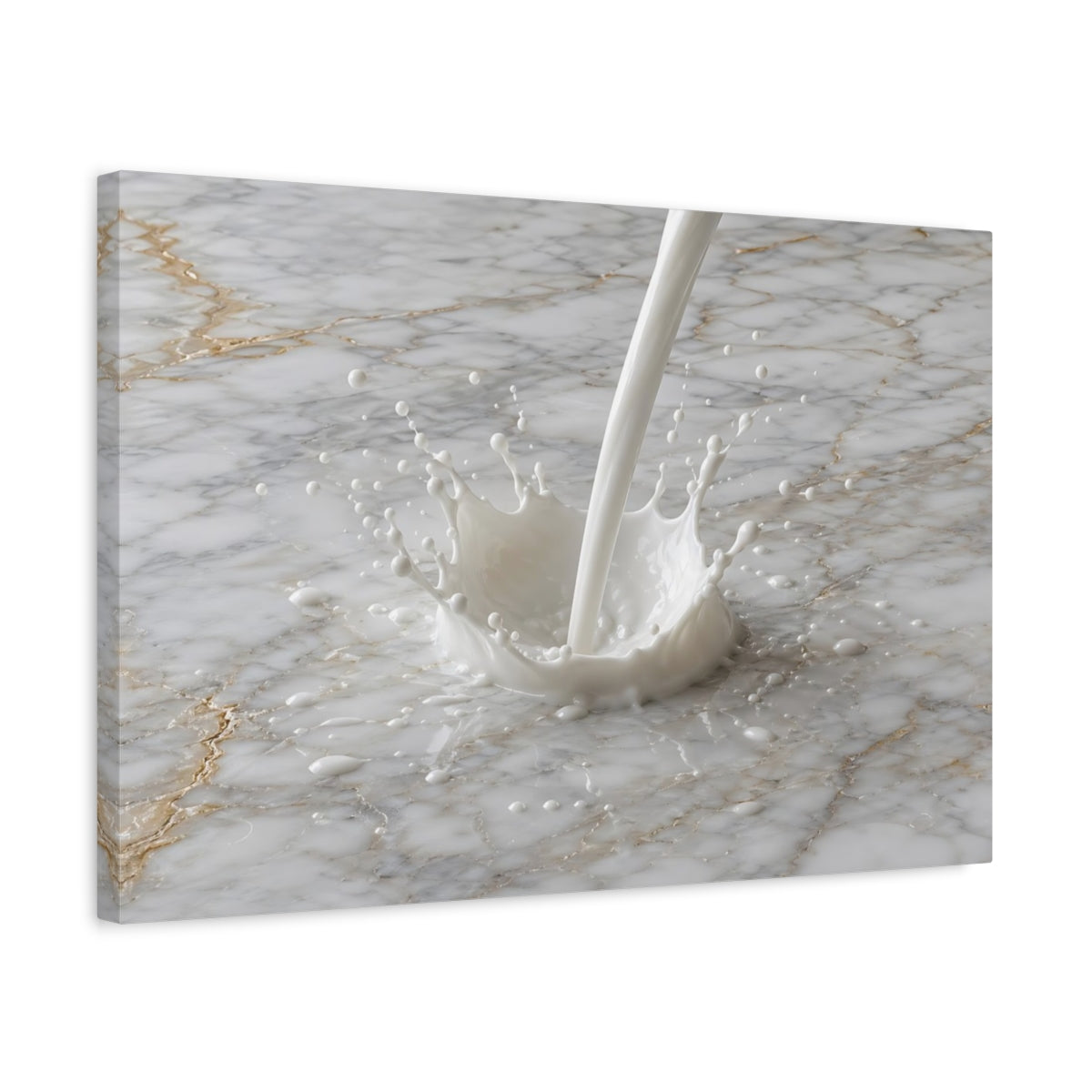 Side Mockup 3. Abstract Milk Splash White And Gold shown as stretched canvas wall art
