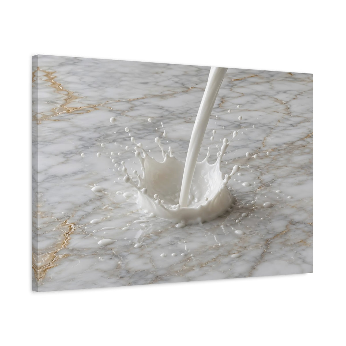 Side Mockup 2. Abstract Milk Splash White And Gold shown as stretched canvas wall art