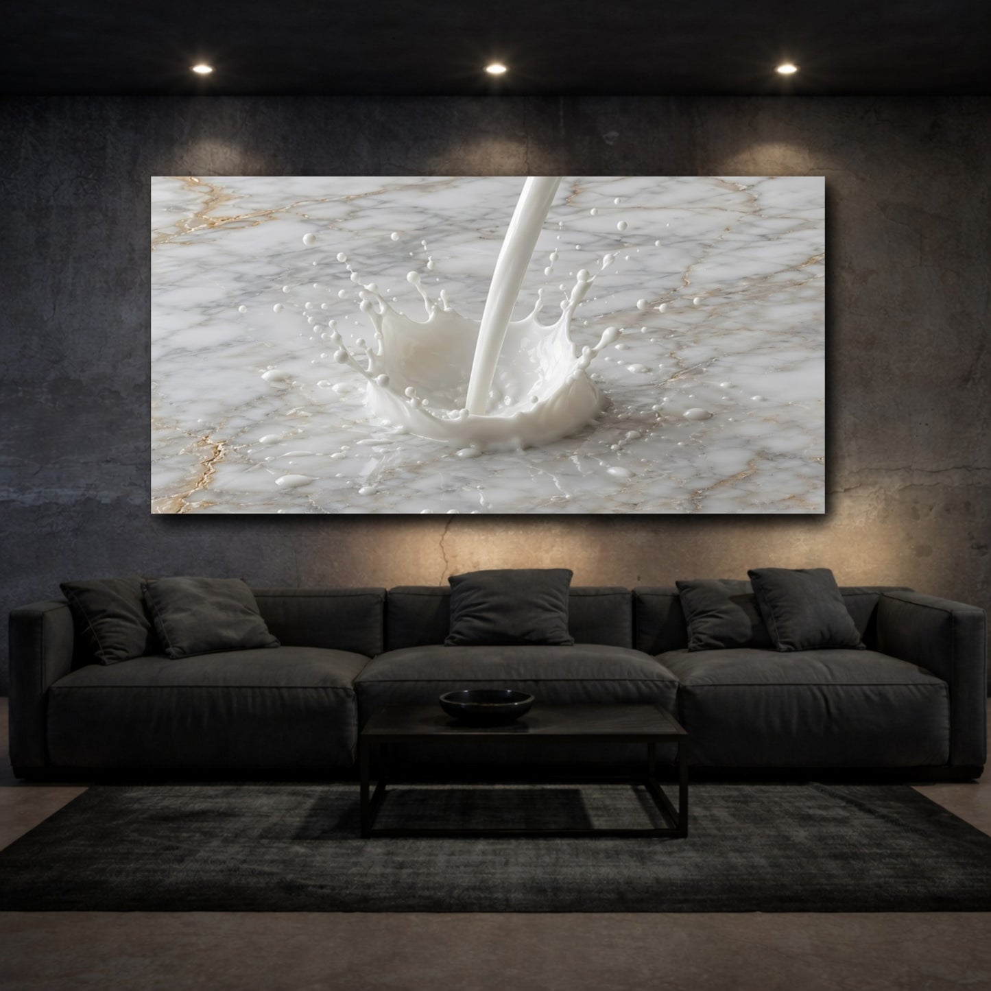 Mockup 2. Abstract Milk Splash White And Gold shown as stretched canvas wall art
