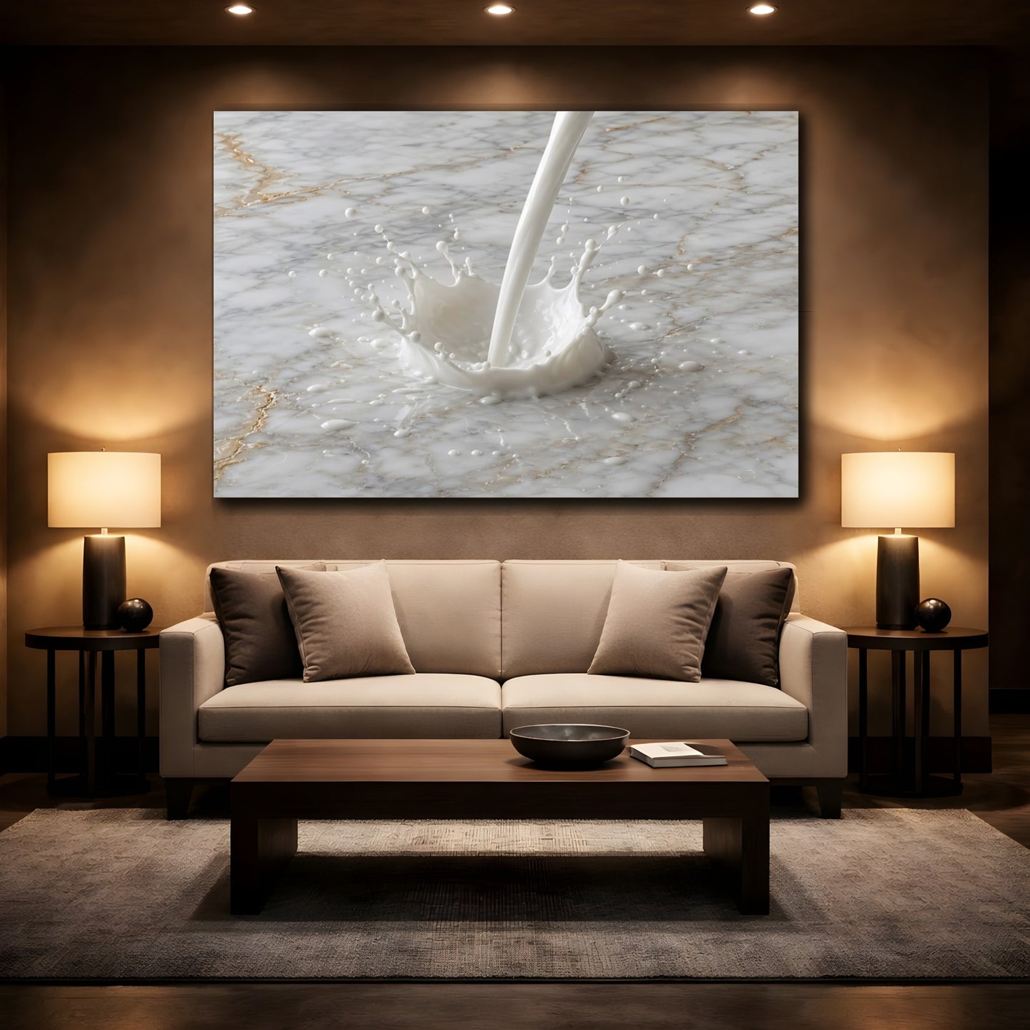 Mockup 2. Abstract Milk Splash White And Gold shown as stretched canvas wall art