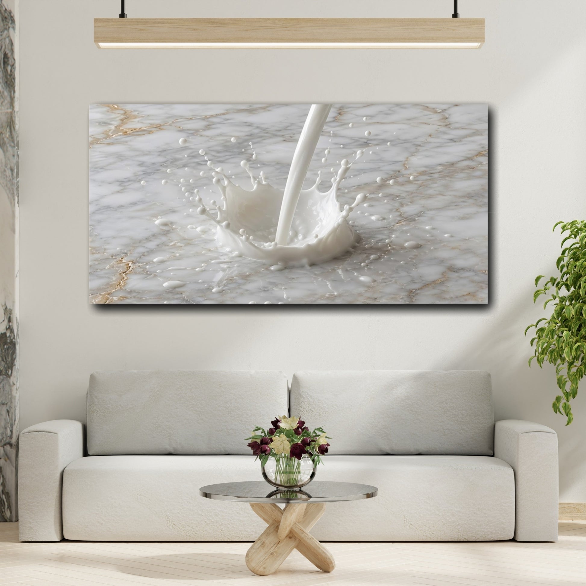 Mockup 3. Abstract Milk Splash White And Gold shown as stretched canvas wall art
