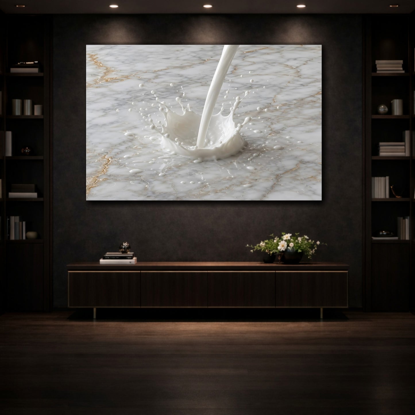 Mockup 3. Abstract Milk Splash White And Gold shown as stretched canvas wall art