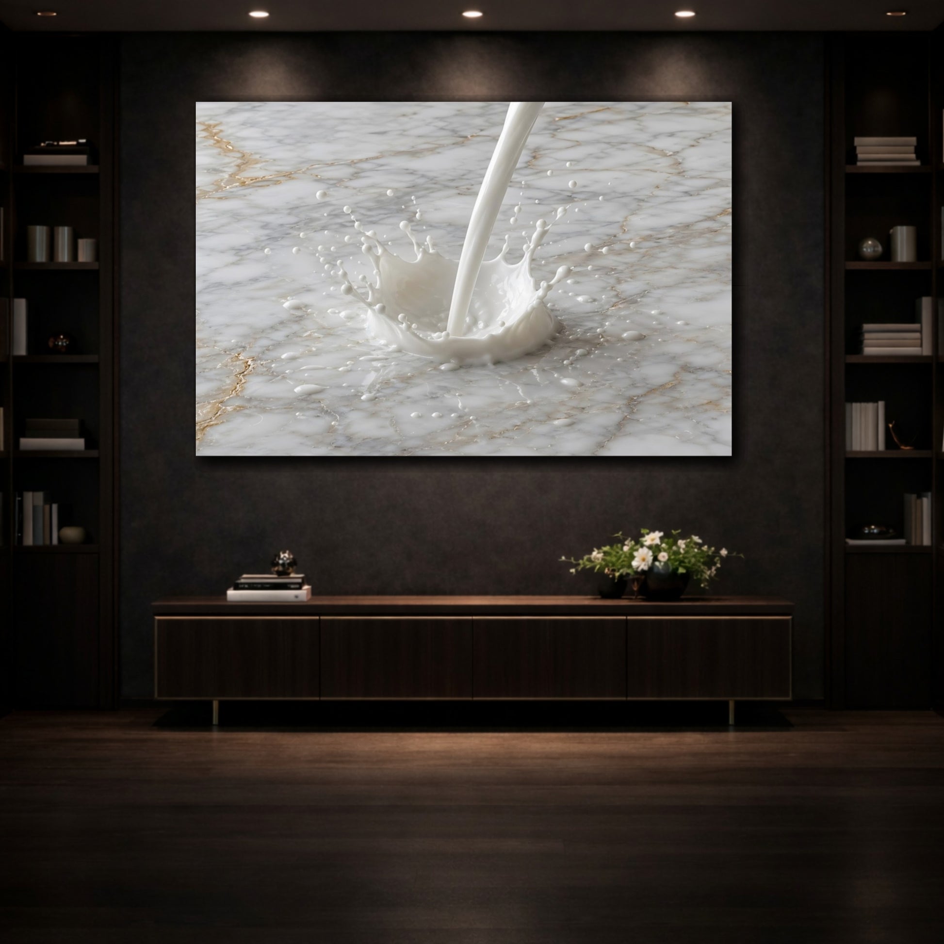 Mockup 3. Abstract Milk Splash White And Gold shown as stretched canvas wall art