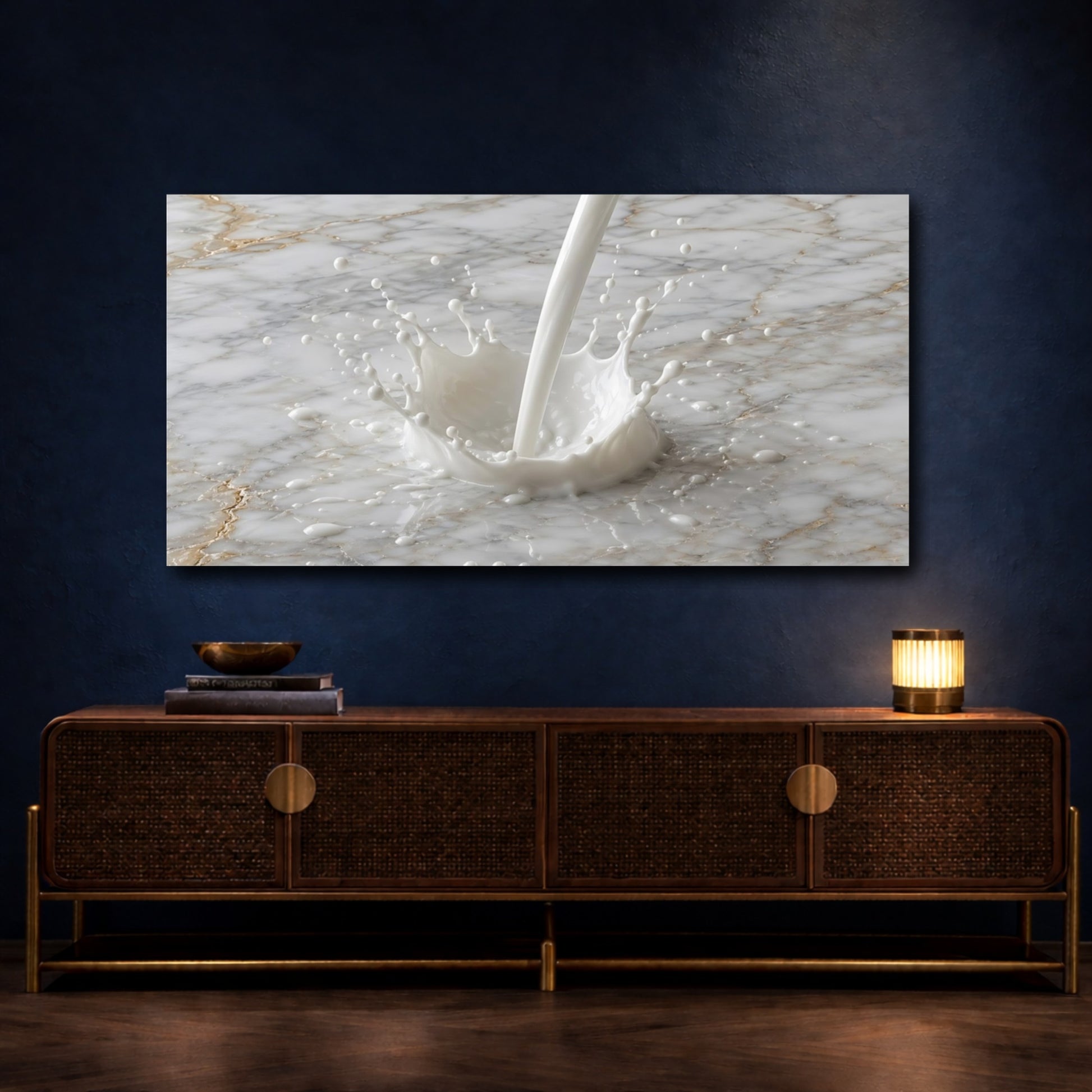Mockup 4. Abstract Milk Splash White And Gold shown as stretched canvas wall art