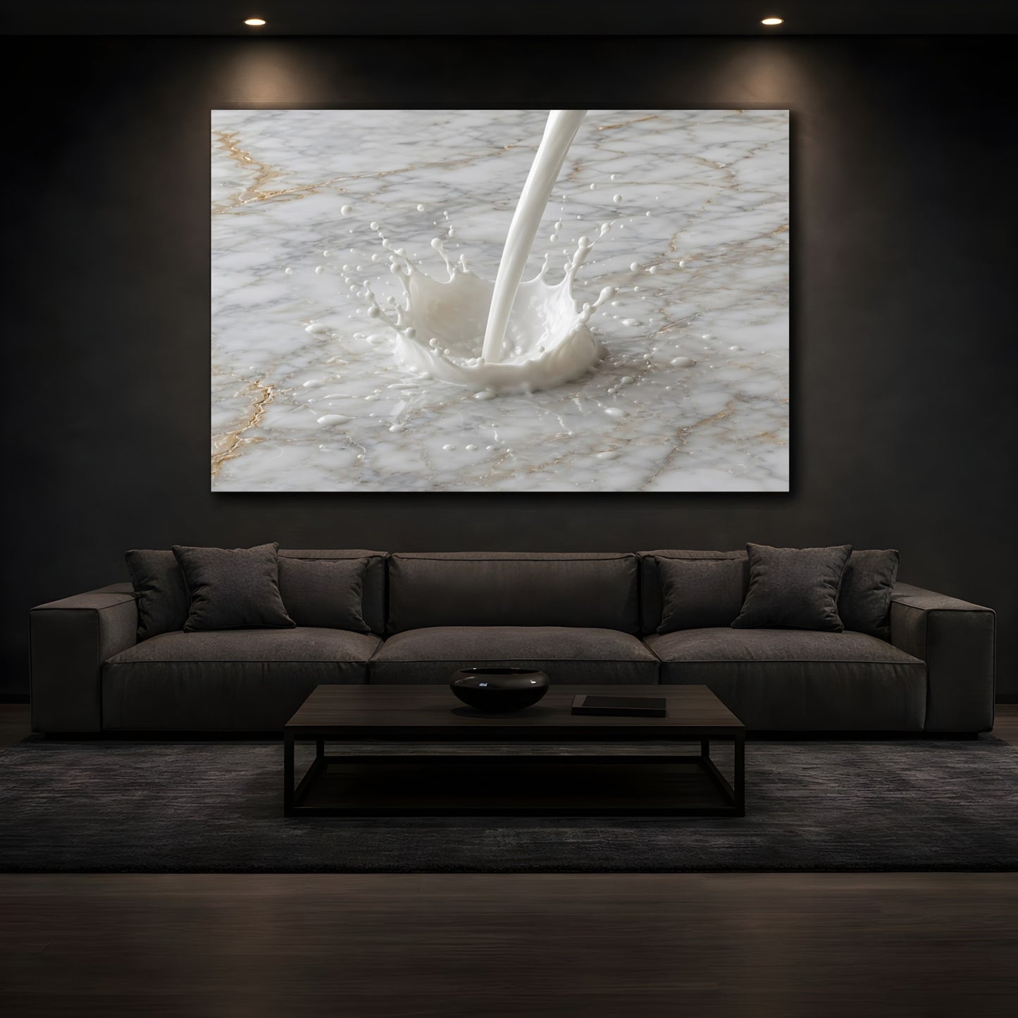 Mockup 4. Abstract Milk Splash White And Gold shown as stretched canvas wall art
