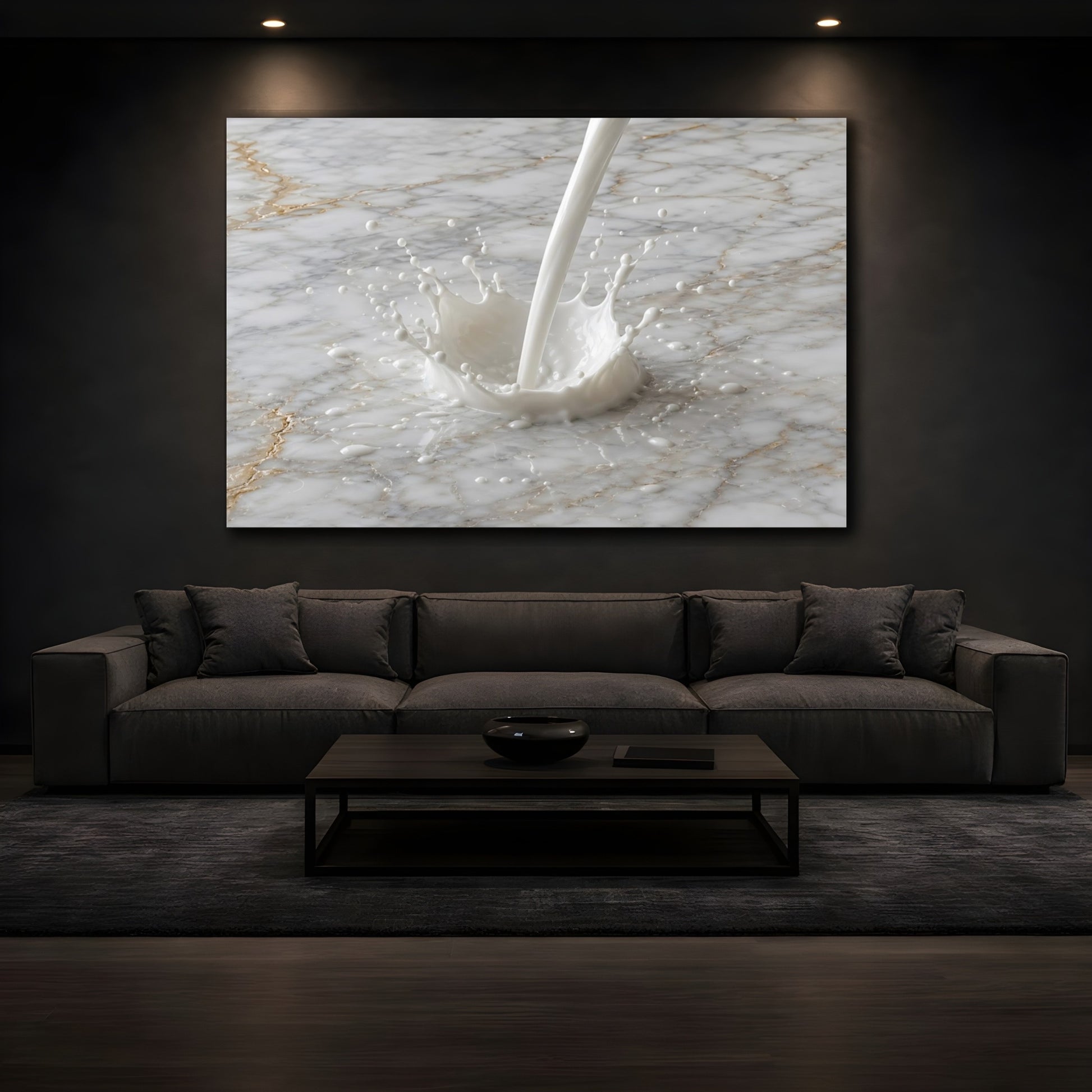 Mockup 4. Abstract Milk Splash White And Gold shown as stretched canvas wall art