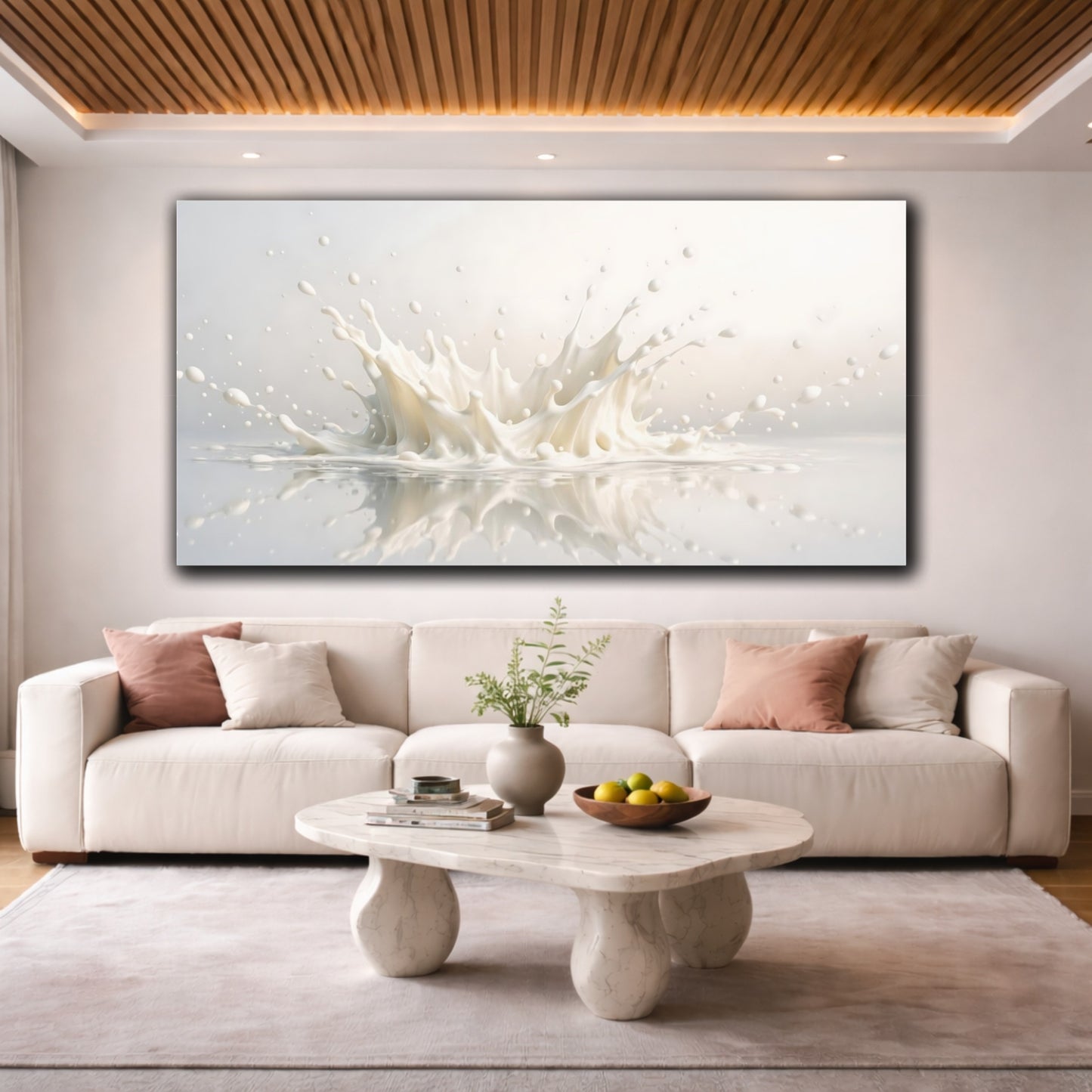 Mockup 3. Abstract Milk Splash White Splash shown as stretched canvas wall art