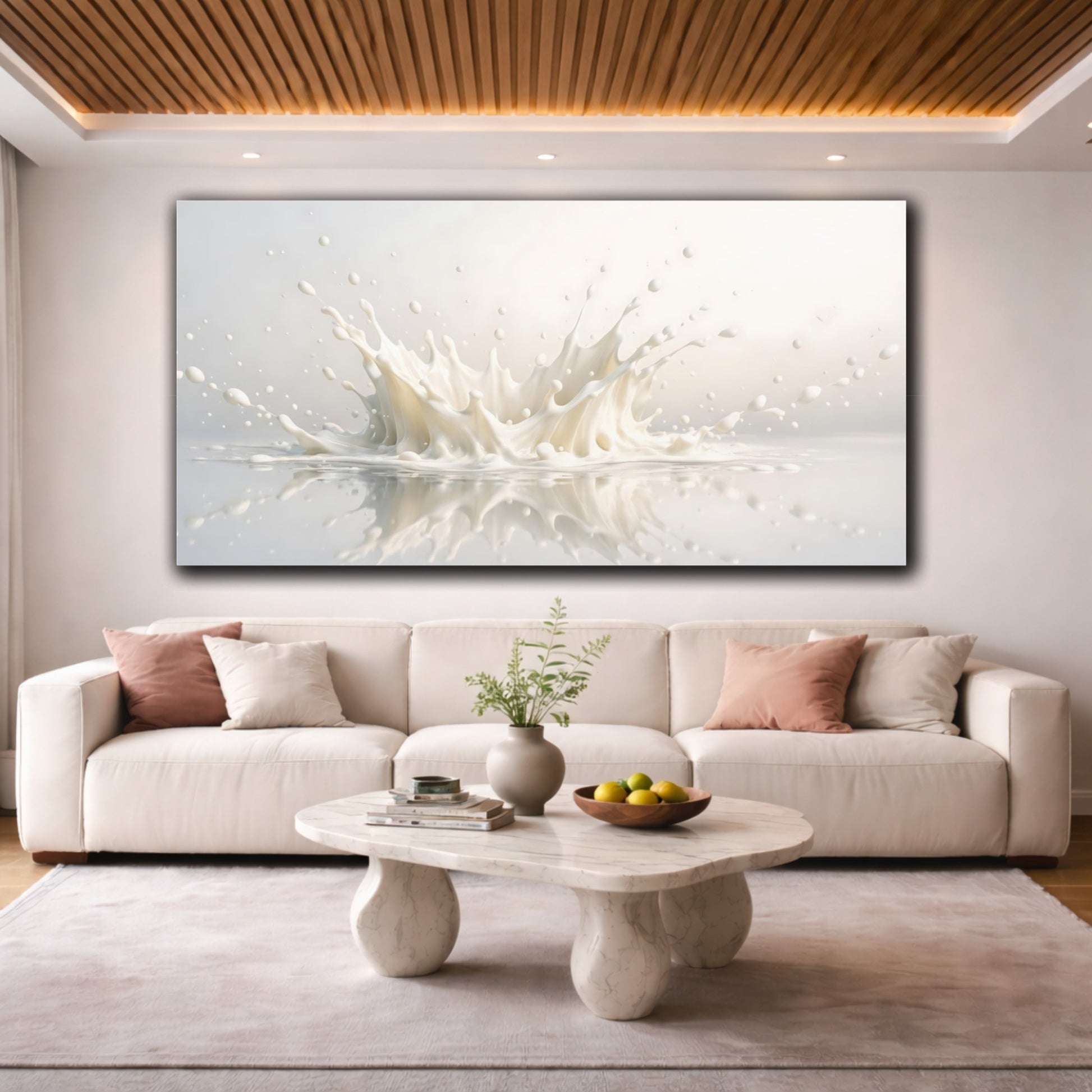 Mockup 3. Abstract Milk Splash White Splash shown as stretched canvas wall art