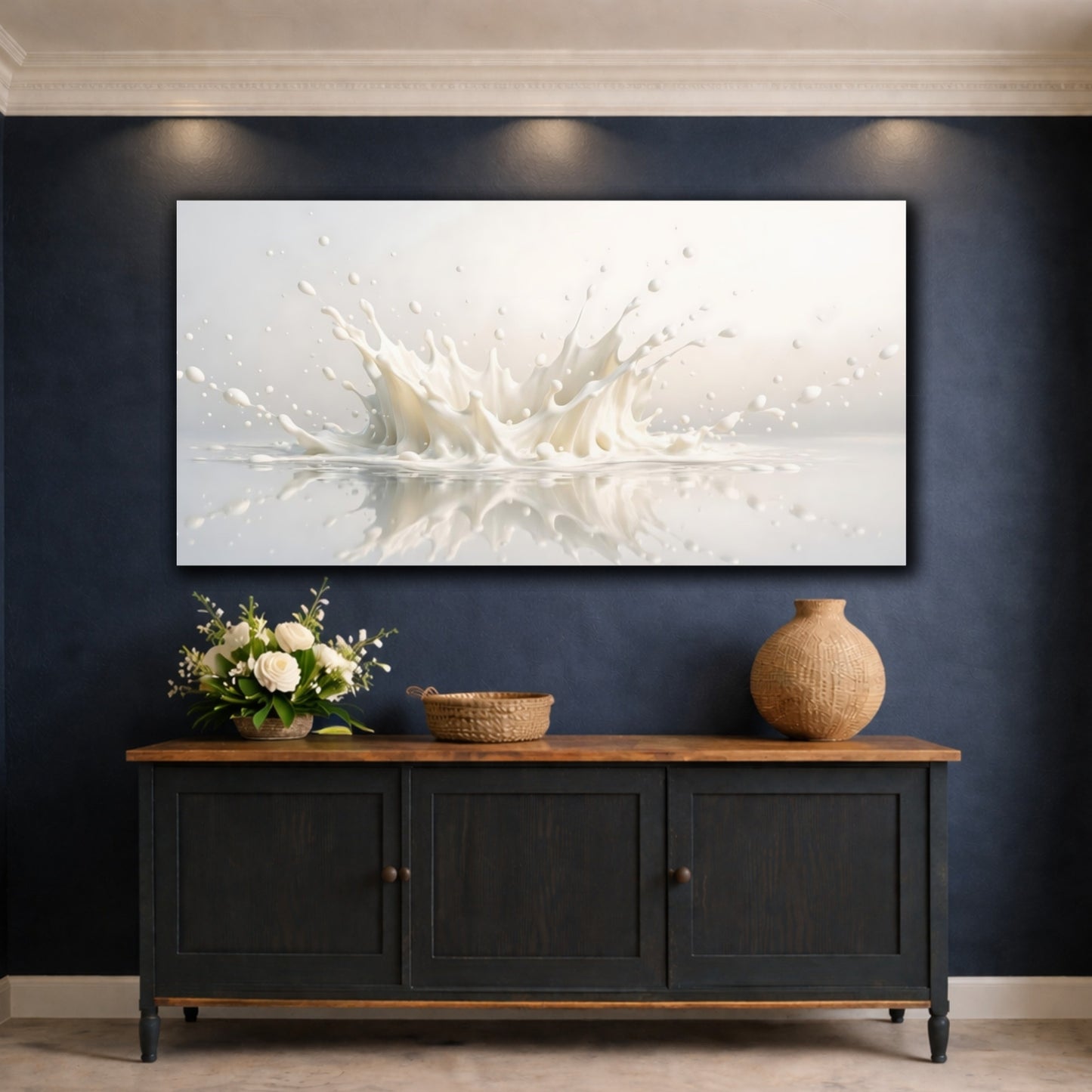 Mockup 4. Abstract Milk Splash White Splash shown as stretched canvas wall art