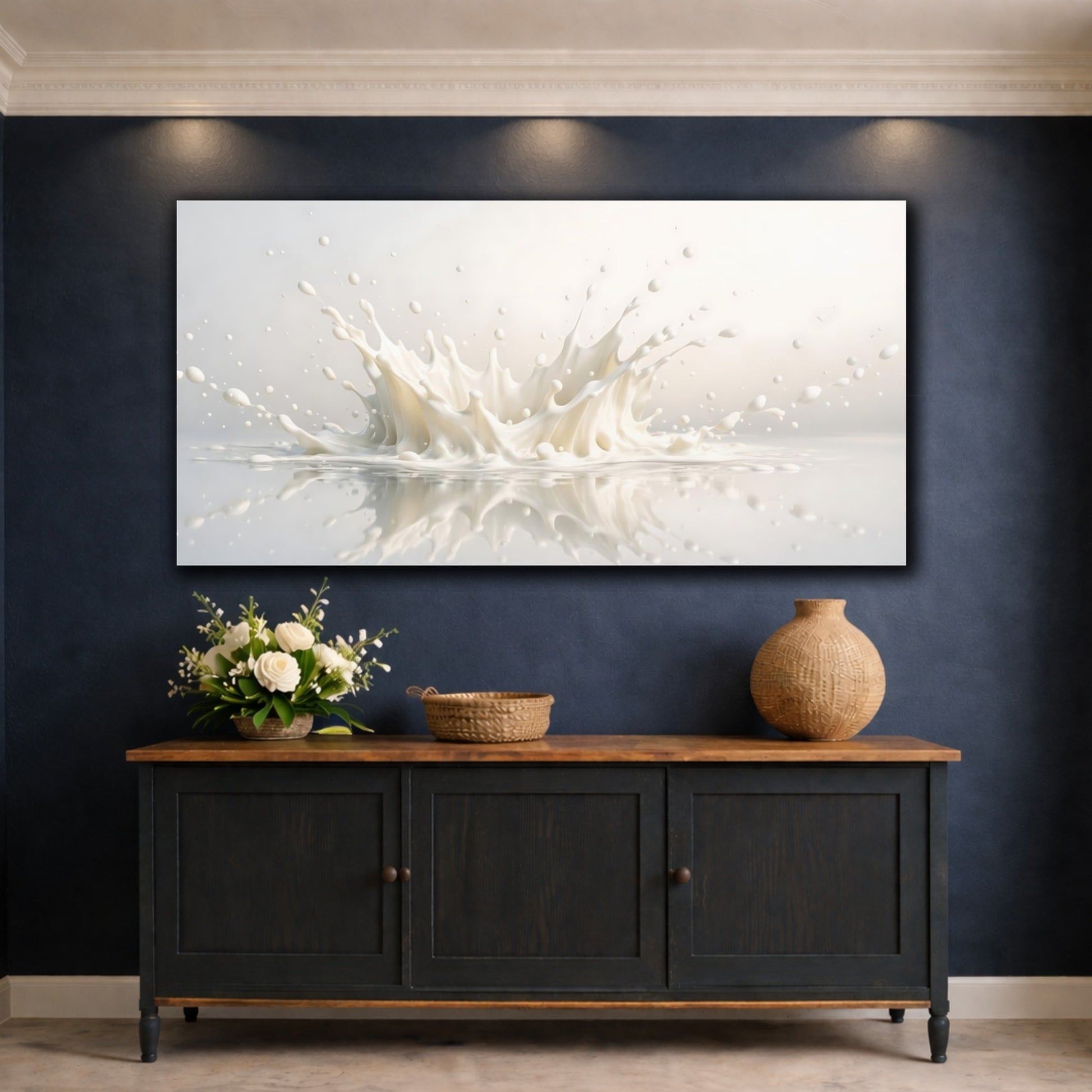 Mockup 4. Abstract Milk Splash White Splash shown as stretched canvas wall art