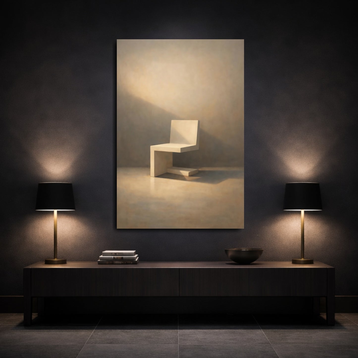 Mockup 2. Abstract Minimalist Chair Beige Chair Art shown as stretched canvas wall art