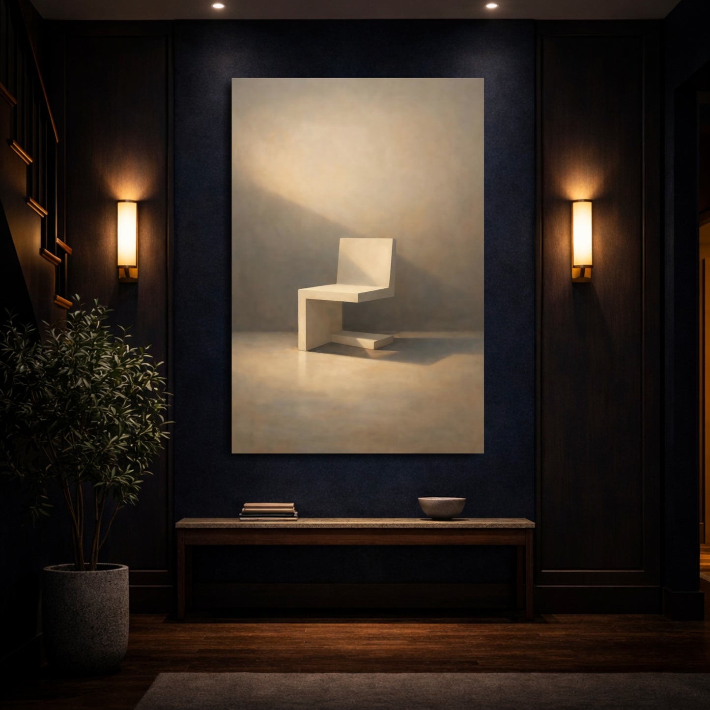 Mockup 3. Abstract Minimalist Chair Beige Chair Art shown as stretched canvas wall art