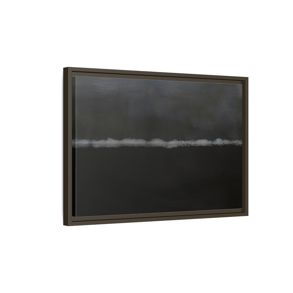 Side Mockup 2. Abstract Horizontal Line Dark Grey And White shown as stretched canvas wall art