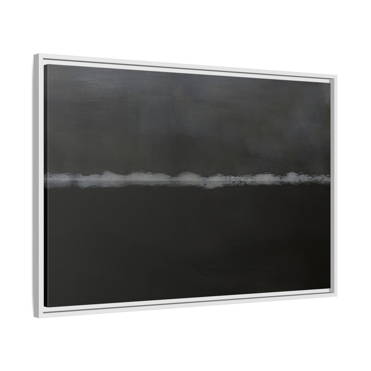 Side Mockup 8. Abstract Horizontal Line Dark Grey And White shown as stretched canvas wall art