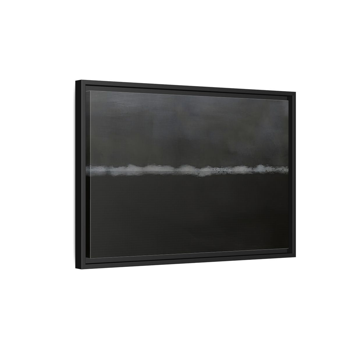 Side Mockup 3. Abstract Horizontal Line Dark Grey And White shown as stretched canvas wall art