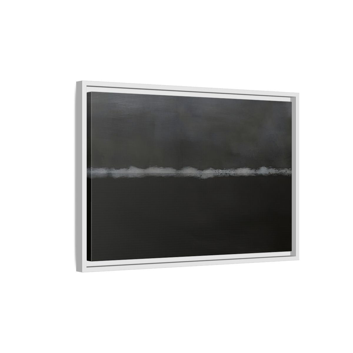 Side Mockup 1. Abstract Horizontal Line Dark Grey And White shown as stretched canvas wall art