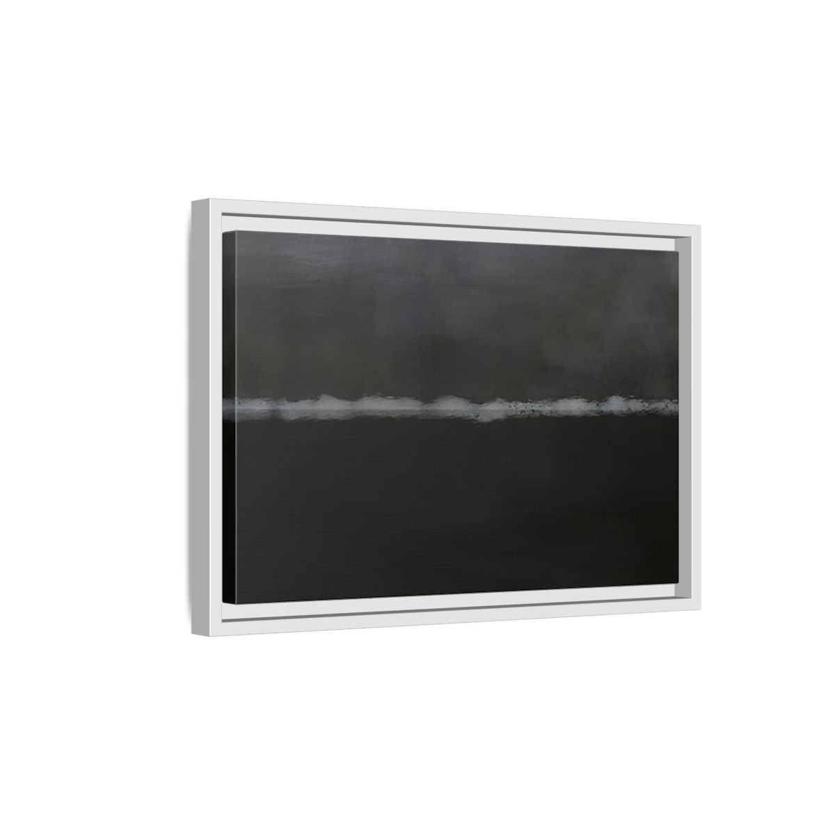 Side Mockup 4. Abstract Horizontal Line Dark Grey And White shown as stretched canvas wall art