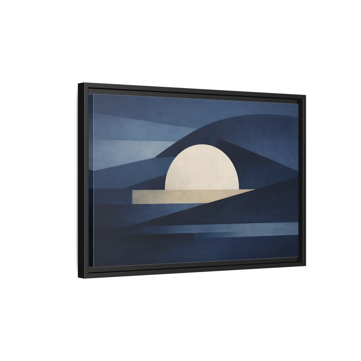 Side Mockup 3. Nature Abstract Sun Blue And Beige shown as stretched canvas wall art