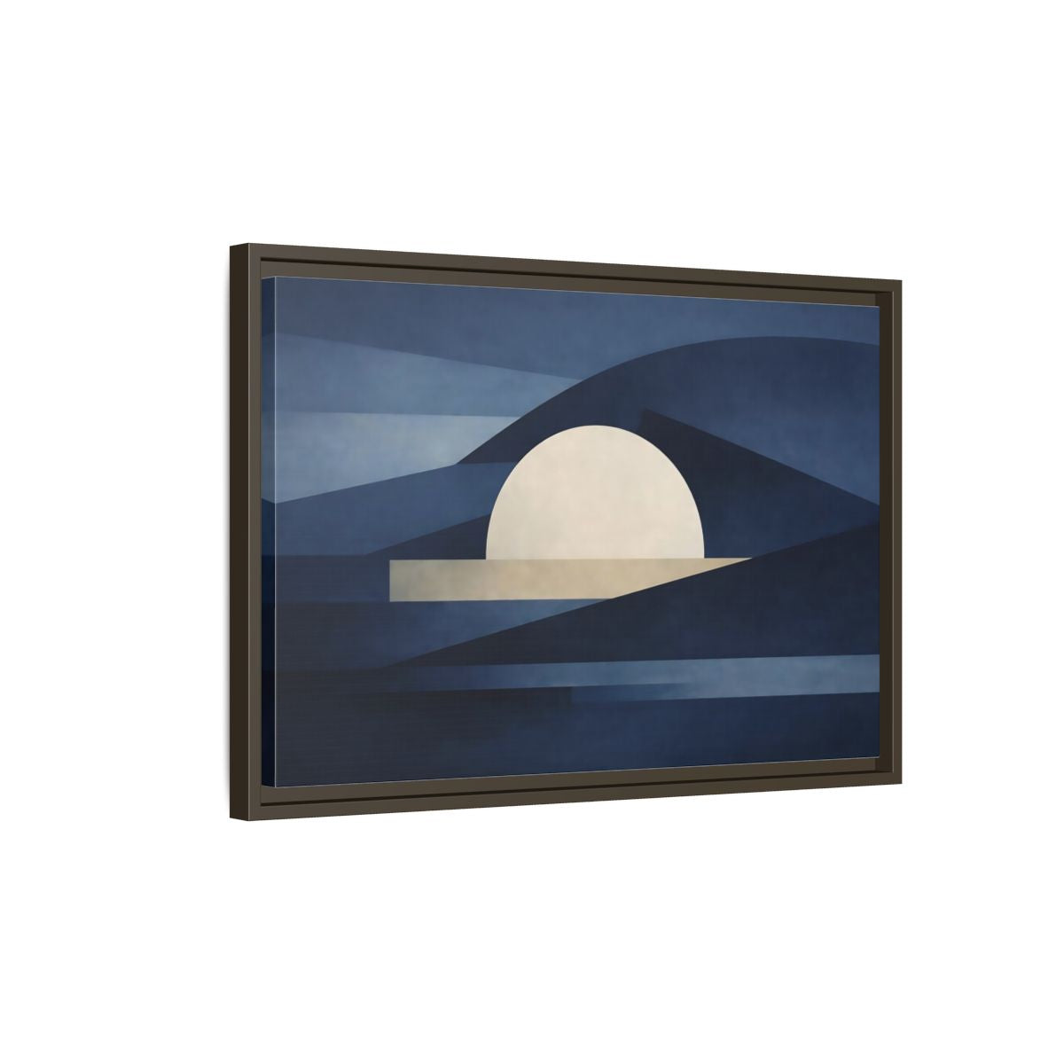 Side Mockup 2. Nature Abstract Sun Blue And Beige shown as stretched canvas wall art