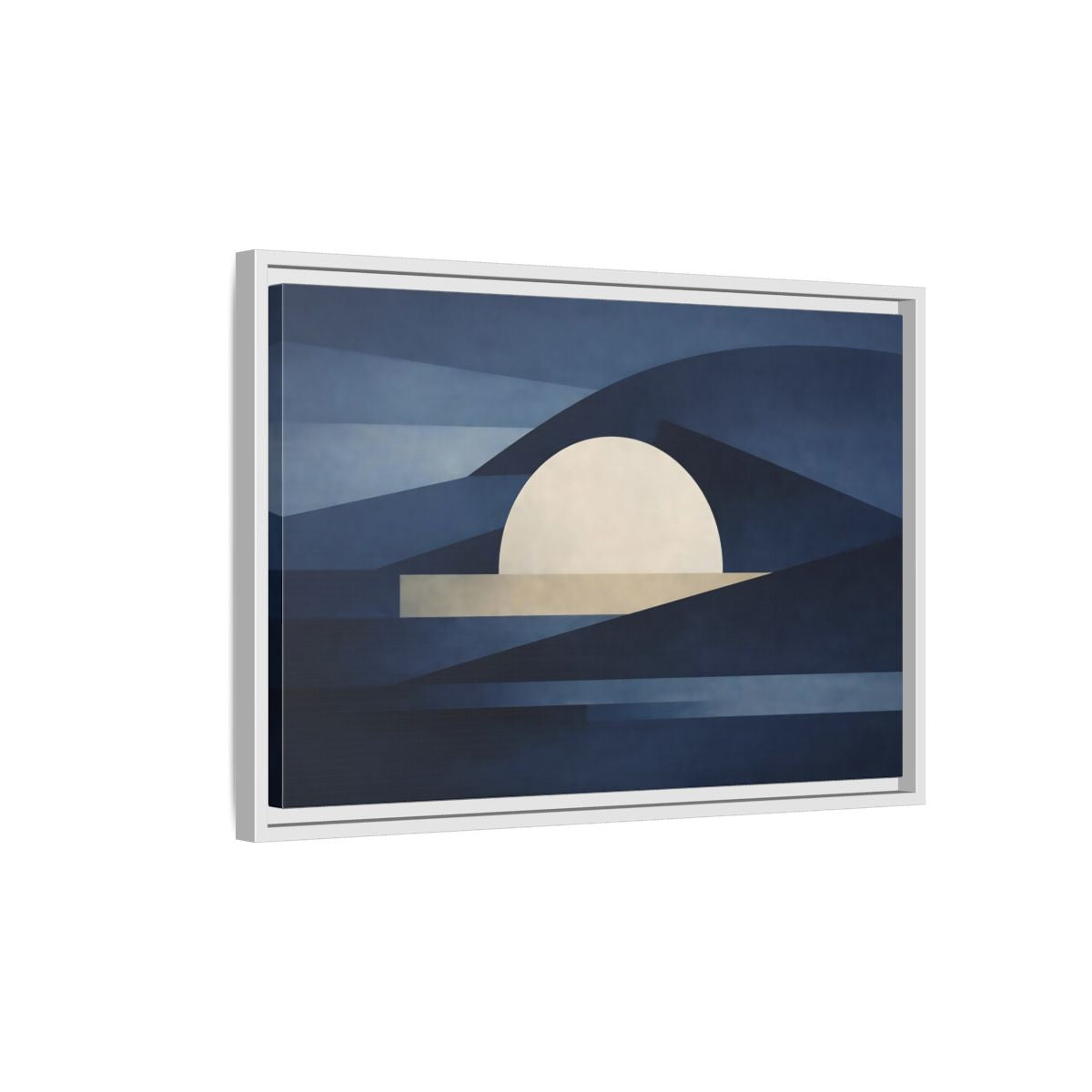 Side Mockup 1. Nature Abstract Sun Blue And Beige shown as stretched canvas wall art