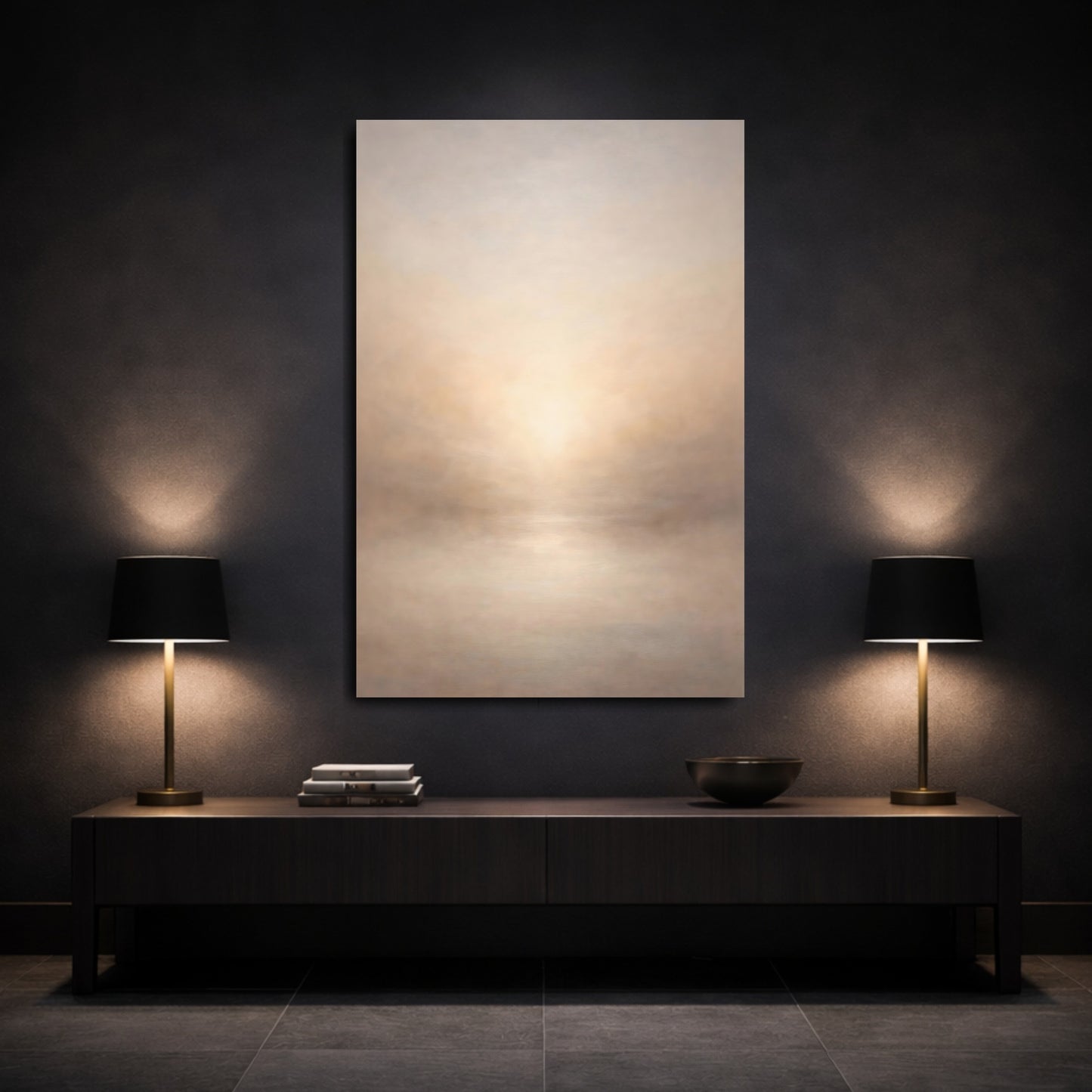 Mockup 2. Abstract Misty Horizon Misty Beige shown as stretched canvas wall art