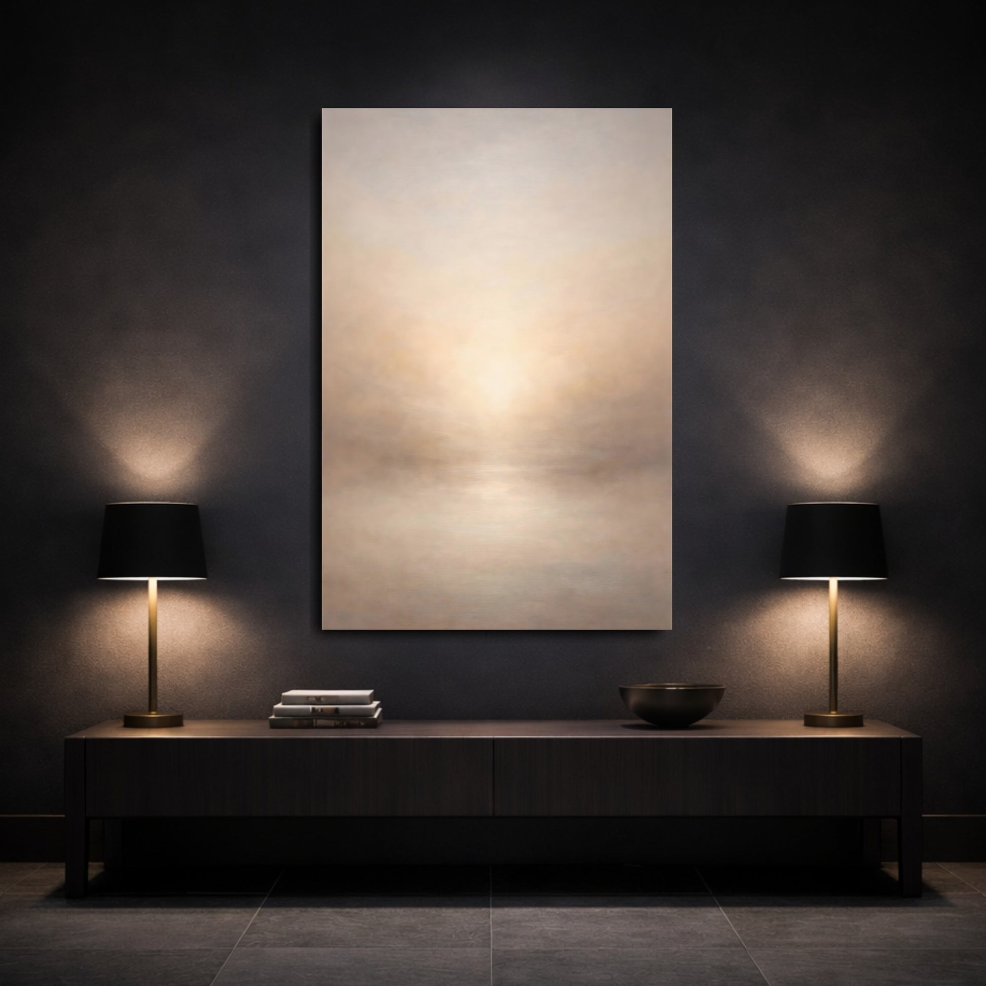 Mockup 2. Abstract Misty Horizon Misty Beige shown as stretched canvas wall art