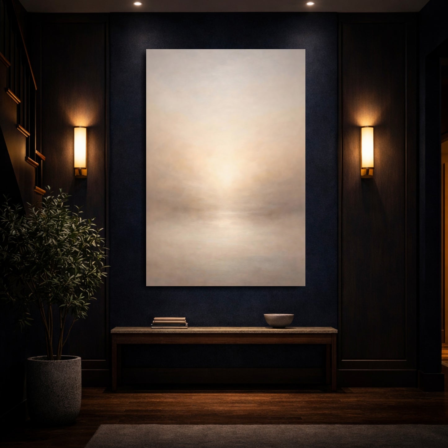 Mockup 3. Abstract Misty Horizon Misty Beige shown as stretched canvas wall art