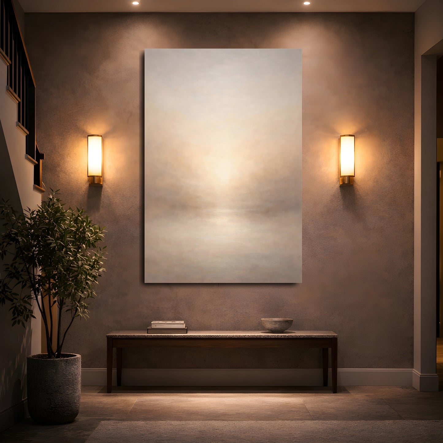 Mockup 4. Abstract Misty Horizon Misty Beige shown as stretched canvas wall art