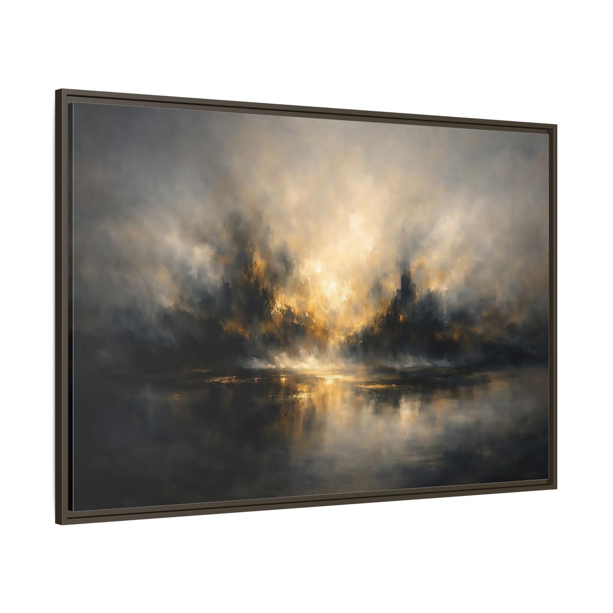 Main Mockup. Abstract Misty Landscape Golden Abstract shown as stretched canvas wall art