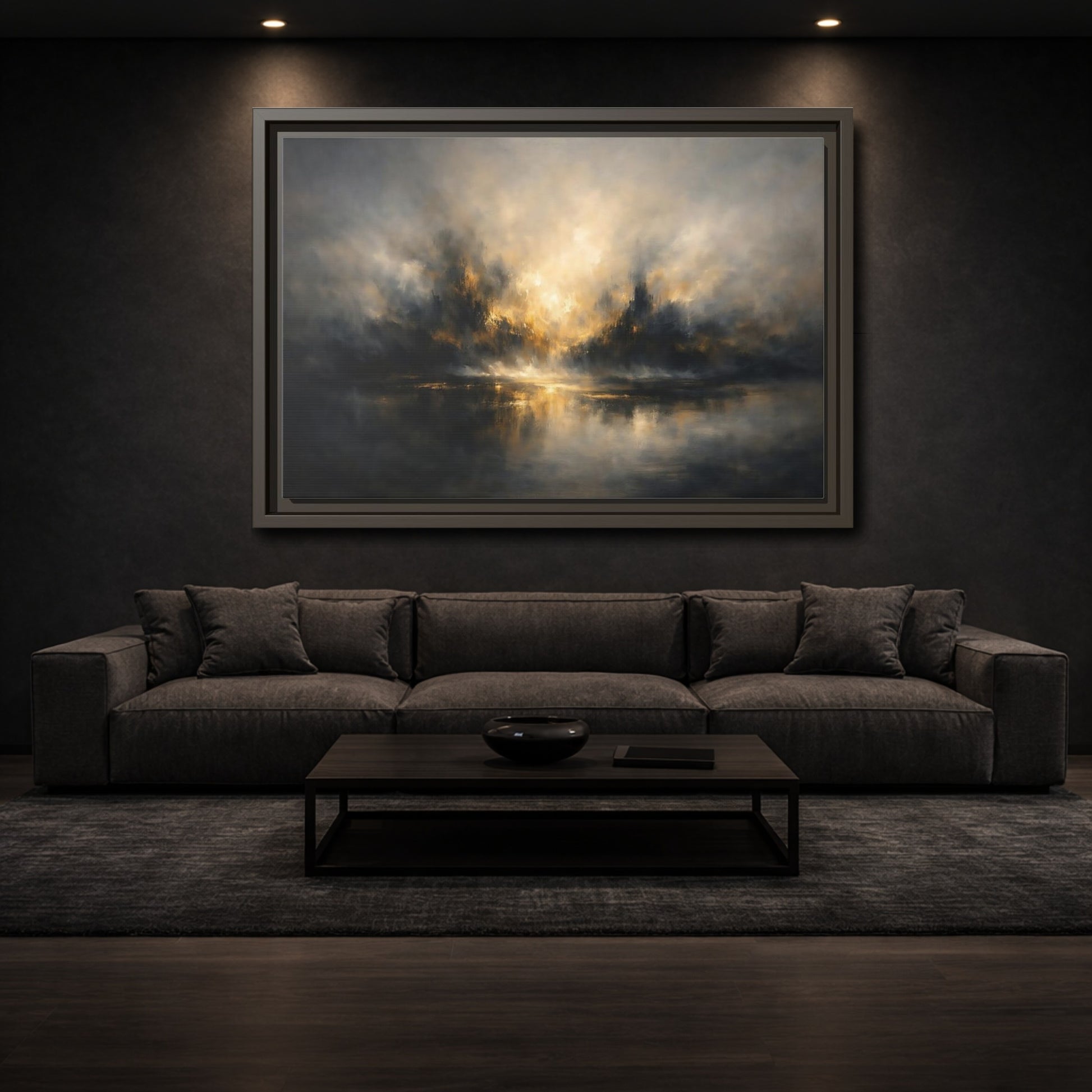 Mockup 2. Abstract Misty Landscape Golden Abstract shown as stretched canvas wall art
