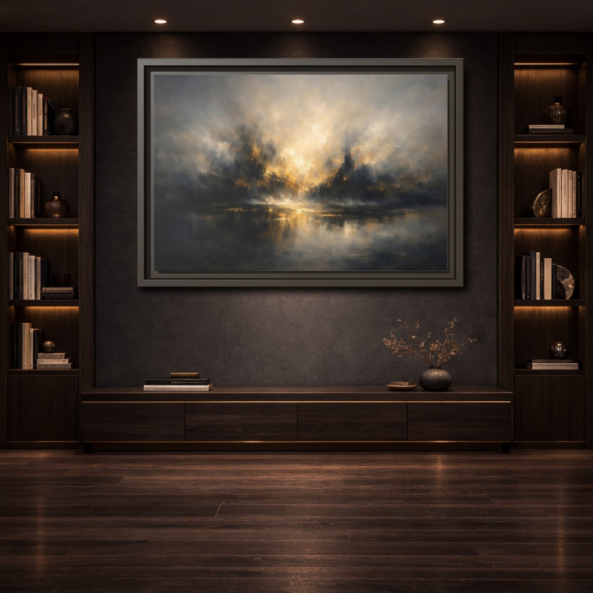 Mockup 3. Abstract Misty Landscape Golden Abstract shown as stretched canvas wall art